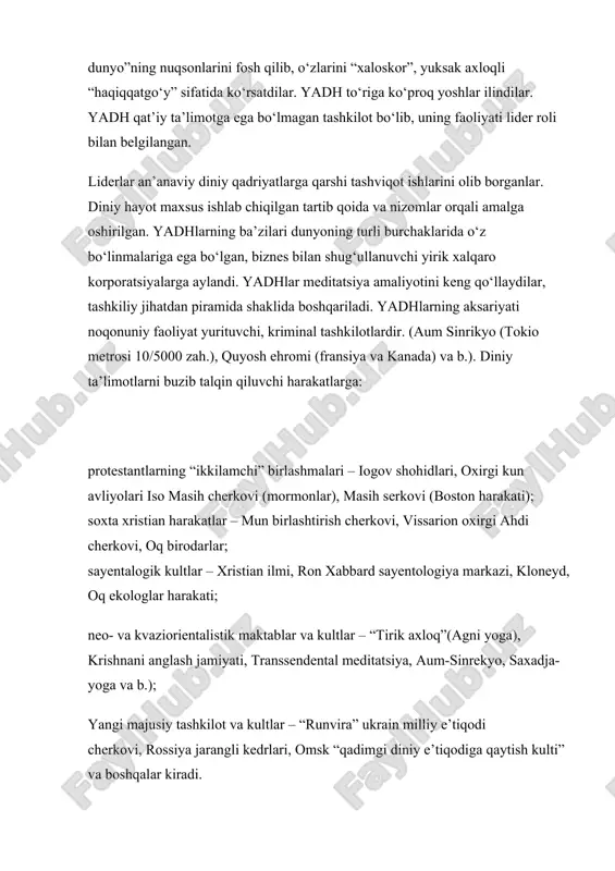 gan bu sektaning rossiyada 100 ming, er yuzida 5 milliondan ortiq tarafdorlari bor. ular aholining diniy bilimlari pastligidan foydalanib, oxiratning yaqinligi bilan qo‘rqitish hamda asosan yoshlar va moddiy ahvoli nochor bo‘lganlar ichida ish olib borish yo‘li bilan o‘z tarafdorlarini ko‘paytirishga harakat qilmoqdalar. bunday sektalarga asos solgan "avliyo"lar o‘z izdoshlarini aldash yo‘li bilan ularning mol-mulklariga egalik qilishga urinmoqdalar. yashirin faoliyat olib borishi, sekta ichida bo‘layotgan voqealarning ko‘pchilikka ma’lum bo‘lib qolmasligining qattiq nazorat qilinishi, ular faoliyatidan jamoatchilikning bexabar qolishini keltirib chiqarmoqda. ugandadagi "oxirat kuni" sektasi boshliqlarining faoliyati bunga misol bo‘ladi. oxiratni 1999-yilning 31-dekabriga "belgilagan" ushbu sekta rahbarlari o‘z tarafdorlarini mol-mulklarini sotish, tushgan mablag‘ni ularga berishga va shu yo‘l bilan gunohlardan forig‘ bo‘lishga chaqirgan. qiyomatning 2001-yil 1-yanvarga "ko‘chirilishi" sekta rahbarlariga nisbatan shubha uyg‘onishiga olib kelgan. shundan so‘ng rahbarlar kanungu qishlog‘ida 500 dan ortiq o‘z tarafdorlarini aldab bir joyga to‘plab, ustlaridan yopib binoga o‘t qo‘yib yuborishgan. ommaviy axborot vositalari xabarlariga ko‘ra, tezkor tadbirlarni o‘tkazgan …
