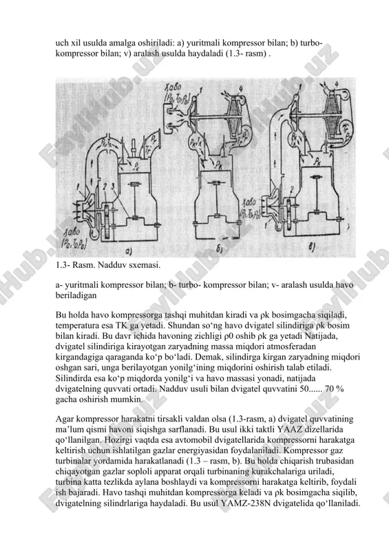 oshiriladi: a) yuritmali kompressor bilan; b) turbo- kompressor bilan; v) aralash usulda haydaladi (1.3- rasm) . 1.3- rasm. nadduv sxemasi. a- yuritmali kompressor bilan; b- turbo- kompressor bilan; v- aralash usulda havo beriladigan bu holda havo kompressorga tashqi muhitdan kiradi va ρk bosimgacha siqiladi, temperatura esa tk ga yetadi. shundan so‘ng havo dvigatel silindiriga ρk bosim bilan kiradi. bu davr ichida havoning zichligi ρ0 oshib ρk ga yetadi natijada, dvigatel silindiriga kirayotgan zaryadning massa miqdori atmosferadan kirgandagiga qaraganda ko‘p bo‘ladi. demak, silindirga kirgan zaryadning miqdori oshgan sari, unga berilayotgan yonilg‘ining miqdorini oshirish talab etiladi. silindirda esa ko‘p miqdorda yonilg‘i va havo massasi yonadi, natijada dvigatelning quvvati ortadi. nadduv usuli bilan dvigatel quvvatini 50...... 70 % gacha oshirish mumkin. agar kompressor harakatni tirsakli valdan olsa (1.3-rasm, a) dvigatel quvvatining ma’lum qismi havoni siqishga sarflanadi. bu usul ikki taktli yaaz dizellarida qo‘llanilgan. hozirgi vaqtda esa avtomobil dvigatellarida kompressorni harakatga keltirish uchun ishlatilgan …