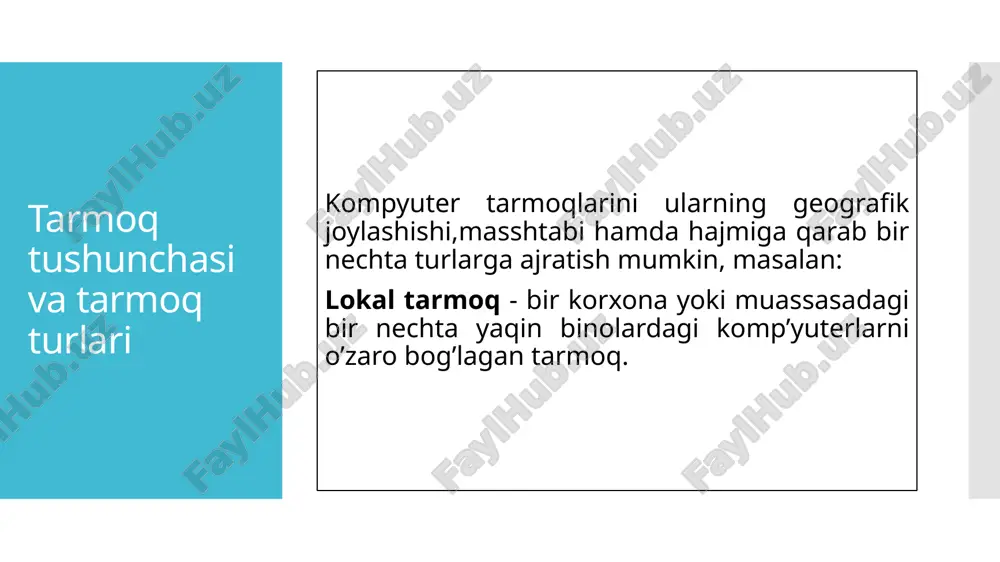 ta markaziy tugunga (masalan, yo'riqnoma yoki kommutator) ulanadi. markaziy tugun har bir qurilmaga ma'lumotlarni uzatadi. afzalliklari: markaziy tugun orqali barcha aloqalar boshqariladi, bu esa tarmoqni boshqarishni osonlashtiradi. biror qurilma ishdan chiqqanda, tarmoqning qolgan qismi ishlashda davom etadi. kamchiliklari: markaziy tugun ishdan chiqqanda, barcha tarmoq faoliyati to‘xtaydi. ko‘plab qurilmalar ulanishi kerak bo'lganda markaziy tugunga ortiqcha yuk tushadi. halqa (ring) topologiyasi qurilmalar yopiq halqa shaklida ulanadi, ya'ni har bir qurilma ikkita qo'shni qurilma bilan bog'langan. ma'lumotlar tarmoqqa uzatilib, har bir qurilmadan o'tib manzilga yetadi. afzalliklari: ma'lumotlar bir yo'nalishda oqib o'tadi, bu esa tarmoqda to'qnashuvlarni kamaytiradi. oddiy va kam xarajatli. kamchiliklari: bir qurilma ishdan chiqqanda, butun tarmoq faoliyatini to'xtatishi mumkin. ma'lumotlar katta halqalardan o'tganida kechikishlar bo'lishi mumkin. tarmoq topologiyalari shina (bus) topologiyasi barcha qurilmalar bitta umumiy ma'lumotlar uzatish liniyasiga ulanadi. tarmoq orqali ma'lumot yuborilganda u barcha qurilmalarga yetib boradi, lekin faqat manzil qurilmasi ma'lumotni qabul qiladi. afzalliklari: arzon va sodda. kabel uzunligi qisqa …