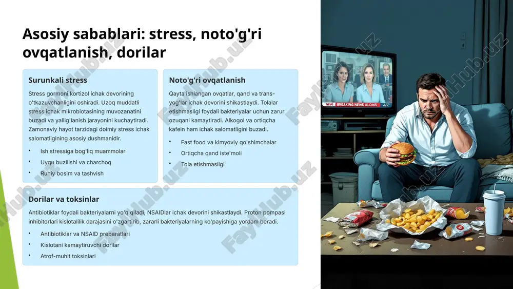 upus, multiple skleroz kabi kasalliklarning rivojlanishida ichak ta'sirlanish sindromi muhim rol o'ynaydi. molekulyar mimikrya mexanizmi orqali immunitet o'z to'qimalariga qarshi harakat qila boshlaydi. nevrologik buzilishlar depressiya, tashvish, adhd va hatto alzgeymer kasalligi ichak-miya o'qi orqali ichak salomatligi bilan bog'liq. ichak mikrobiotasi neyrotransmitterlar ishlab chiqarishda ishtirok etadi. yurak-qon tomir kasalliklari surunkali yallig'lanish ateroskleroz rivojlanishiga yordam beradi. lps va boshqa bakterial toksinlar yurak-qon tomir tizimiga salbiy ta'sir ko'rsatadi va c-reaktiv oqsil darajasini oshiradi. metabolik kasalliklar 2-tip diabet, semizlik va metabolik sindrom bilan kuchli bog'liqlik mavjud. yallig'lanish insulin qarshiligini kuchaytiradi va glyukoza almashinuvini buzadi. endotoksemiya metabolik disfunktsiyaga olib keladi. allergiya va astma ichak ta'sirlanish sindromi th2 immunitet javobini kuchaytiradi, bu esa allergik reaktsiyalar va astmaning rivojlanishiga yordam beradi. ovqat allergiyalari va atrof-muhit allergenlarga sezuvchanlik oshadi. teri kasalliklari ekzema, psoriaz, akne va boshqa teri muammolari ichak-teri o'qi orqali ichak salomatligi bilan bog'liq. yallig'lanish mediatorlari teri to'qimalariga ta'sir qiladi va turli teri kasalliklarini yuzaga keltiradi. …