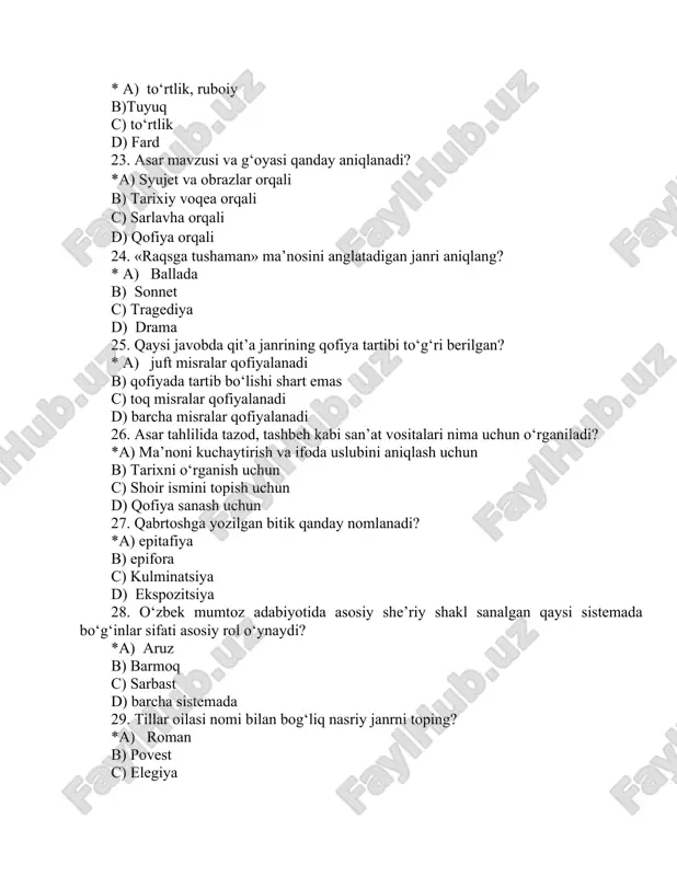 ning bilib-bilmaslikka olishi qanday she’riy san’atni keltirib chiqaradi? *a) tajohuli orif b) tajnisi tom c) ko‘chim d) takrir 40. “adabiyot” atamasining tor maʼnosini aniqlang? *a) badiiy asar b) kitoblar, broshyuralar, maqolalar c) qishloq xo‘jaligi, texnika, meditsina, siѐsatga doir asarlar jami d) adabiyotshunoslikka kirish 41. adabiy asardagi tabiat tasviri nima deb ataladi? *a) peyzaj b) xarakter c) prototip d) tip 42.«adabiyot» o‘tkir yurak kirlarini yuvadurg‘on toza ma’rifat suvi… ushbu ta’rif muallifi kim? *a)cho`lpon b) navoiy c)bobur d) behbudiy 43. «tazkira» so‘zining lug‘aviy ma’nosi nima? *a) eslatish, zikr qilish b) aytib o‘tilgan bildirish c) ko‘rsatish eslatish d) mazkur aytilgan 44. adabiyotda bir-biriga qarama-qarshi majoziy obrazlar o‘rtasida baxs, tortishuv shaklida yaratilgan asarlar nima deb yuritiladi? *a) munozara b) baxslashuv c) kim yutar d) tortishuv 45. arabcha «otning orqasiga mingashib, ergashib boruvchi» ma’nosini bildiruvchi she’riy unsur nima deb ataladi. *a) radif b)qofya c) o‘xshatish d) majoz 46. dilogiya, trilogiya, epopeya ko‘rinishlari qaysi janr shakllari …