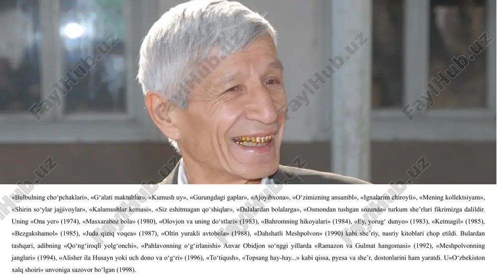 y vosita sifatida ishlatiladi. detallarning qiyosiy tahlili asarda detallar muallifning asosiy g‘oyasini ochishda muhim badiiy vosita sifatida ishlatiladi. meshpalvonning belbog‘i, katta qo‘llari, jarangdor tovushi va dabdababoz harakatlari uning jismoniy kuchini, tashqi qudratini ifodalaydi. bu detallar orqali muallif qahramonning o‘ziga haddan tashqari ishonchini, manmanligini va kuch bilan faxrlanishini ko‘rsatadi. bunga qarshi ravishda xalqning kulgisi, yumor bilan to‘yingan so‘zlashuvi, sokin muomala uslubi donolik, hayotiy tajriba va aql timsoli sifatida tasvirlanadi. shu tarzda muallif kuch bilan aqlni, manmanlik bilan kamtarlikni qarama-qarshi qo‘yadi. har bir detal ma’naviy mazmunni chuqurlashtiradi, o‘quvchini o‘ylashga majbur qiladi va asarning asosiy fikrini — kuchdan ustun bo‘lgan aql va donolik g‘oyasini mustahkamlaydi. xalq ijodi namunalarining tahlili “dahshatli meshpalvon” asarida anvar obidjon xalq ijodining turli unsurlaridan – maqol, topishmoq, afsona va xalqona so‘z o‘yinlaridan mohirona foydalanadi. bu unsurlar nafaqat asarni bezaydi, balki uning tarbiyaviy va ma’naviy mazmunini chuqurlashtiradi. “kibr — odamning ko‘r ko‘zgusi”, “kuch bilan emas, aql bilan yeng”, “yomon kishi …