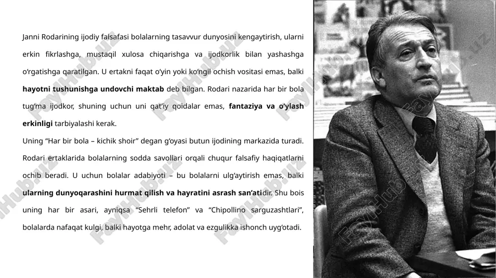 satilgan. asar bolalarga adolat, insonparvarlik va birdamlik g‘oyalarini singdiradi. asarning asosiy g‘oyasi asarning asosiy g‘oyasi — jamiyatda adolat, tenglik va halollik tamoyillarini qaror toptirishdir. muallif chipollino obrazi orqali kichik inson ham jasorati va birdamligi bilan katta o‘zgarishlarga sabab bo‘lishini ko‘rsatadi. asar bolalarni adolat, haqiqat, do‘stlik va mehnatsevarlik ruhida tarbiyalaydi. uning bosh g‘oyasi — “kichiklarning kuchi birdamlikdadir.” asardagi obrazlarning tahlili asarda har bir obraz jamiyatdagi ma’lum bir qatlam yoki inson turini ifodalaydi. chipollino — xalq timsoli, mard, aqlli va mehribon bola bo‘lib, adolat uchun kurashadi. pomidor janob — zolim va manman hukmdor obrazidir. limon knyaz boylar va hokimlarning ramzi bo‘lib, u mansabparast va adolatsiz sifatida tasvirlanadi. pishloq professor ilmli, ammo qo‘rqoq ziyolilarni ifodalaydi. sabzavotlar va mevalar esa oddiy xalq vakillaridir. ushbu obrazlar orqali rodari jamiyatdagi tengsizlik, adolatsizlik va zulmni keskin tanqid qiladi. asardagi portretning qiyosiy tahlili asarda portretlar qahramonlarning ichki olami va ijtimoiy mavqeini ochishda muhim vosita bo‘lib xizmat qiladi. chipollino …