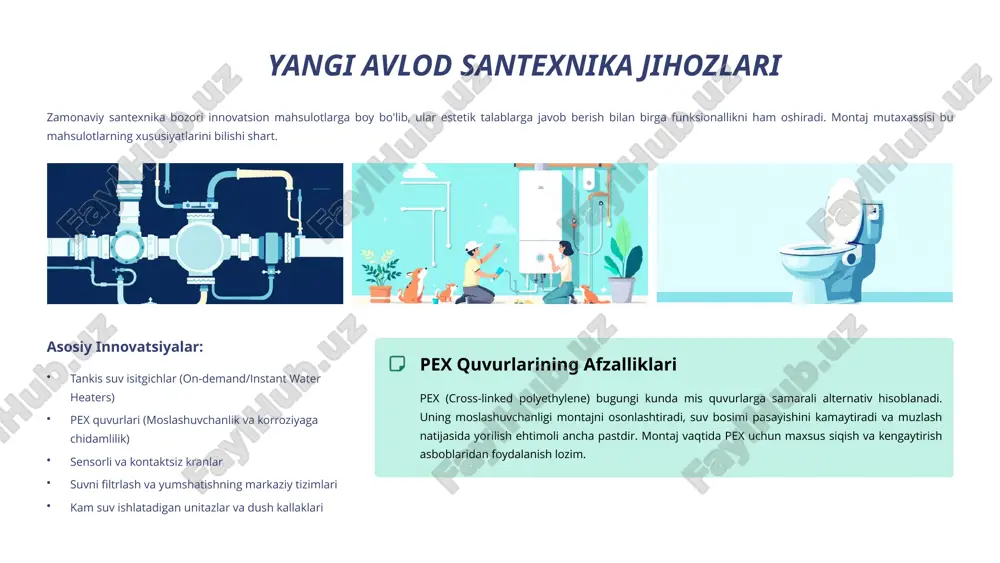 tsiyalashgan yechimlar energiya xarajatlarini sezilarli darajada kamaytiradi. yerdan isitish (radiant floor heating) bu tizim issiqlikni butun maydon bo'ylab teng taqsimlaydi va an'anaviy radiatorlarga nisbatan yuqori qulaylik va samaradorlikni ta'minlaydi. o'rnatishda quvur qadamlarini va poydevor izolyatsiyasini to'g'ri hisoblash muhim. issiqlik nasoslari (heat pumps) ular atrof-muhitdan (havo, yer yoki suv) issiqlikni olib, uni binoni isitish yoki sovutish uchun ishlatadi. bu yechim ayniqsa, energiya samaradorligini oshirish maqsadida quyosh energiyasi tizimlari bilan birlashtirilganda dolzarbdir. zonal boshqaruv termostatlar va zonatorlar yordamida har bir xonaning harorati mustaqil ravishda sozlanishi mumkin. bu energiya sarfini optimallashtirish va shaxsiy qulaylikni maksimal darajada oshirishga imkon beradi. bunday integratsiyalashgan tizimlarni montaj qilish yuqori malaka talab qiladi, chunki santexnika va hvac (isitish, ventilyatsiya va konditsionerlash) texnologiyalari birgalikda ishlashi lozim. quvur diametrlari va nasos quvvatlari issiqlik yo'qotishlari hisobiga aniq mos kelishi kerak. 8 "aqlli uy" santexnika tizimlari va ularni ulash "aqlli uy" texnologiyalari santexnika dunyosini inqilob qilmoqda, ular monitoring, masofadan boshqarish va avtomatik …
