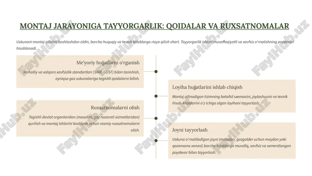 tizimining uzluksiz va xavfsiz ishlashini ta'minlash uchun muntazam texnik xizmat ko'rsatish zarur. profilaktik choralar favqulodda vaziyatlarning oldini oladi va uskunalarning xizmat muddatini uzaytiradi. muntazam tekshiruvlar yiliga kamida bir marta barcha klapanlar, reduktorlar va xavfsizlik armaturalarining holati tekshirilishi kerak. bosim darajasini monitoring qilish. korroziv zararlanishlarning oldini olish. quvur liniyasi ulanishlaridagi sızdırmazlıkni qayta tekshirish. gaz datchiklari va signalizatsiya tizimlarini kalibrlash. texnik xizmat ko'rsatish faqat litsenziyalangan kompaniyalar tomonidan amalga oshirilishi shart. 10 xulosa xavfsizlik, sifat va nazorat suyuq gaz uskunalarini montaj qilishda xavfsizlik qoidalariga qat'iy rioya qilish, yuqori sifatli materiallardan foydalanish va har bir bosqichni to'g'ri nazorat qilish muhimdir. 1 professional yondashuv barcha ishlar tajribali mutaxassislar tomonidan bajarilishi zarur. 2 hujjatlashtirish montajning barcha bosqichlari me’yoriy talablar asosida rasmiylashtiriladi. 3 uzoq muddatli g'amxo'rlik tizimning uzoq xizmat qilishi uchun muntazam texnik xizmat ko'rsatishni unutmang. 11 e’tiboringiz uchun rahmat! image1.png image2.png image3.png image4.png image5.png image6.png image7.png image8.png image9.png image10.png image11.png image12.png image13.png image14.png image15.png image16.png image17.png …