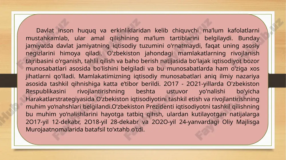 jatlariga muvofiq qo'lga kiritilgan mol-mulkka egalik qilish, undan foydalanish va uni tasarruf etish huquqidir. xususiy mulk bo'lgan mol-mulkning miqdori va qiymati cheklanmaydi. bu yerda mulk qonun hujjatlariga muvofiq qo'lga kiritilgan, degan so'zning ma’nosi keng. chunki qonun hujjatlarida mulkni qo'lga kiritishning ko'plab yo'llari ko'rsatilgan, masalan, sotib olish, xususiylashtirish, asrash, meros olish, hadya olish, yutib olish va boshqalar. qonun bilan man etilgan ayrim ashyolardan tashqari, har qanday mol-mulk xususiy mulk bo'lishi mumkin. mulkka bo'lgan huquqning vujudga kelish asoslari fuqarolik kodeksida belgilangan. mulkning ikkinchi turi - ommaviy mulkdir. respublika mulki va ma’muriy-hududiy tuzilmalar mulkidan (munitsipal mulk) iborat bo'lgan davlat mulki ommaviy mulkdir, ya’ni ommaviy davlat mulkiga nisbatan qo'llanadigan atama. yer, yer osti boyliklari, suv, havo bo'shlig'i, o'simlik va hayvonot dunyosi hamda boshqa tabiiy boyliklar, davlat hokimiyati va boshqaruvi respublika organlarining mol-mulki, davlat ahamiyatiga ega bo'lgan madaniy va tarixiy boyliklar, respublika byudjetining mablag'lari, oltin zaxirasi, davlatning valyuta fondi va boshqa fondlari respublika mulkidir, shuningdek, …