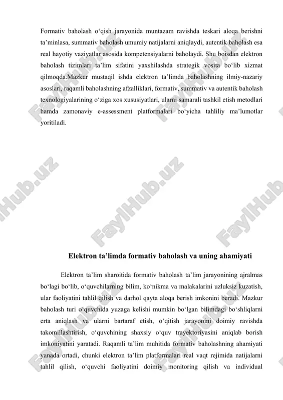 g qilish hamda imtihon jarayonining adolatli o‘tishini nazorat qilishda muhim o‘rin tutadi. bundan tashqari, elektron baholash tizimlari yordamida natijalarning statistik tahlilini o‘tkazish, baholash ko‘rsatkichlarini grafik va analitik shaklda aks ettirish, har bir o‘quvchining rivojlanish dinamikasini kuzatish imkoniyati mavjud.summativ baholash o‘quvchilarning umumiy o‘zlashtirish ko‘rsatkichlarini aniqlash bilan birga, ta’lim jarayonini takomillashtirish uchun muhim axborotlar ham beradi. natijalar asosida o‘quv dasturlari, metodik yondashuvlar, ta’lim resurslari va o‘quv jarayonining o‘ziga xos jihatlari bo‘yicha xulosalar chiqariladi. elektron baholashning yana bir ustunligi shundaki, unda o‘quvchiga sertifikat berish, reyting tizimida to‘plangan ballar asosida baho qo‘yish va umumiy natijalarni taqqoslash imkoniyati mavjud. bu esa raqobatbardosh o‘quv muhitini yaratadi va o‘quvchilarni yanada faolroq o‘qishga undaydi. shunday qilib, elektron ta’limda summativ baholash ta’lim jarayonining yakuniy samaradorligini aniqlashda, bilimlarni ishonchli va ob’ektiv baholashda hamda o‘quvchilarning kompetensiyalarini aniq o‘lchashda asosiy vositalardan biri hisoblanadi. raqamli texnologiyalar bilan birgalikda uning imkoniyatlari yanada kengayib borib, ta’lim sifatini oshirish, shaffoflikni ta’minlash va zamonaviy baholash standartlarini hayotga …