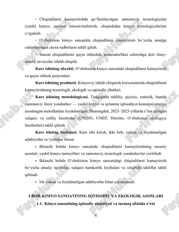 ga to‘g‘ri keladi. siz ta’kidlagan korxonalar — chirchiq elektrkimyo kombinati (hozirgi “maksam-chirchiq” aj), farg‘onaazot (1962), navoiyazot (1964), olmaliqdagi “ammofos-maksam” (1969) va fosfor xomashyosi bilan ta’minlovchi “qizilqum fosforit kompleksi” mamlakatda kimyo produktsiyasining asosiy poydevorini tashkil etdi. ushbu yirik majmualar ma’lum bir tarixiy davrda milliy xo‘jalikning qishloq xo‘jaligi va sanoat ehtiyojlariga javob berish maqsadida joylashtirilgan bo‘lib, ular orqali o‘zbekiston o‘zining asosiy sanoat mahsulotlari va eksport yo‘nalishlarini shakllantirdi. kimyo sanoatining tarmoq sifatidagi o‘rnini tushunish uchun uning ichki tuzilmasi va ishlab chiqarish majmualarini ko‘rib chiqish muhim. amaliy jihatdan korxonalar quyidagi majmualarga bo‘linadi: (1) mineral o‘g‘itlar va noorganik moddalar majmuasi — ammiak, karbamid, ammoniy sulfat va boshqa asosiy o‘g‘itlar; (2) organik kimyo va polimer materiallar majmuasi — sintetik tolalar, plastiklar va ularning xomashyosi; (3) o‘simliklarni muhofaza qilish vositalari ishlab chiqarish majmuasi — pestitsid va agroximik preparatlar; (4) kalsiylashtirilgan soda va chuqur kimyoviy reagentlar majmuasi. bu majmualar o‘zaro ham tovar zanjiri shaklida bog‘langan, ham energetika, neft-gaz …