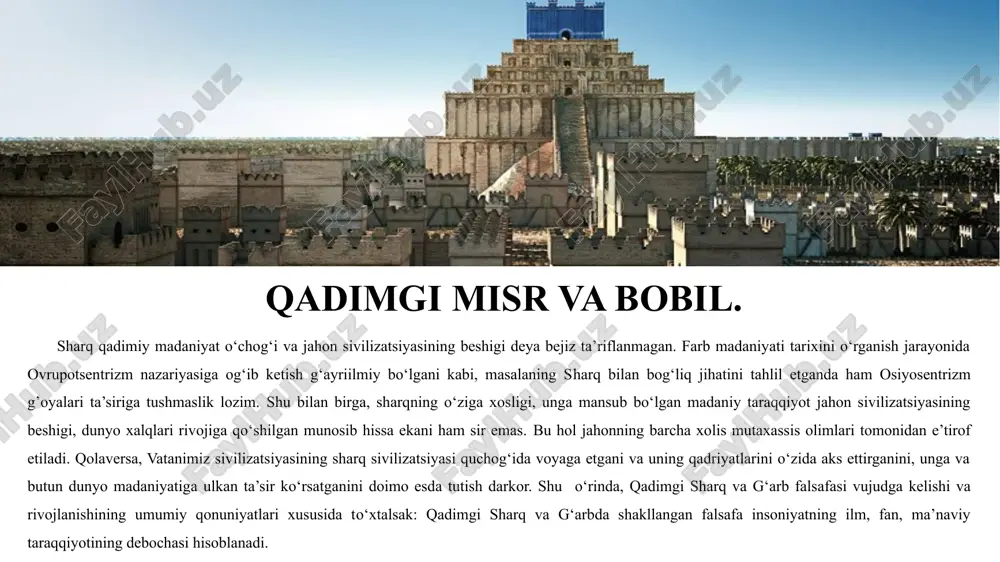rolida yashab o‘tgan. u qadimgi yunonistonda diniy-mafkuraviy falsafiy maktab, ya’ni pifagorchilikka asos solgan. pifagor o‘zining siyosiy qarashlari tufayli podsho polikret bilan chiqisha olmagan va samosni tark etib, janubiy italiyaga ko‘chib ketgan, o‘sha erda o‘z uyushmasini tashkil etgan. uningcha, dunyoni bilish jarayoni, avvalo, raqamlarni bilishdan boshlanishi kerak. pifagorchilarning ta’limotiga ko‘ra, olamning asosida modda ham, tabiat ham emas, balki ideallashgan raqamlar yotadi; narsa va hodisalar aynan ana shu raqamlar mahsulidir. pifagorchilar birinchi bo‘lib yunonistonda tabiatdagi narsa va hodisalarni izohlashda miqdor kategoriyasini ilgari suradi. pifagor zodagonlar oilasiga mansub bo‘lgani bois aristokratiyani himoya qilgan. u «tartib» to‘g‘risidagi ta’limotini yaratib, faqat aristokratlar o‘rnatgan tartib ijtimoiy hayotda muhim rol o‘ynaydi, degan. uning fikricha, demokratiya bu tartibotning buzilishidir. birinchidan, o‘rta asrlar g‘arb va sharq falsafasi avvalo feodal jamiyat falsafasi bo‘lib, u ilohiyot va dinning hukmronligi bilan tavsiflanadi. feodal tuzum sharoitida feodal mulkdorlik bilan bir qatorda hunarmandlar va dehqonlarning shaxsiy mehnatiga asoslangan xususiy xo‘jaligi mavjud bo‘lgan. feodal ishchini …