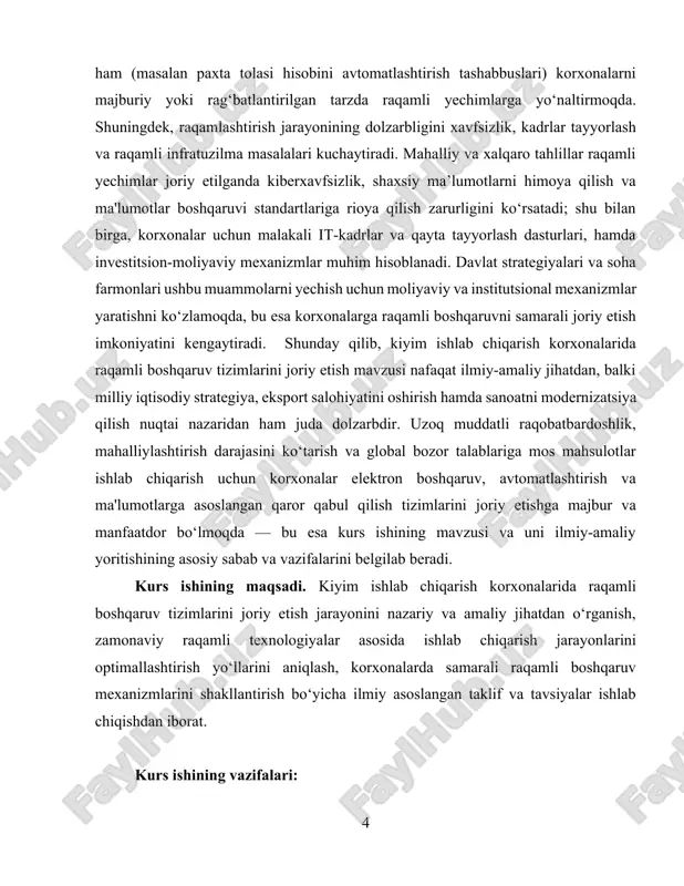 qamli boshqaruvni samarali tatbiq etish bo‘yicha amaliy taklif va tavsiyalar ishlab chiqish. kurs ishining obyekti. o‘zbekiston tikuv-trikotaj va kiyim ishlab chiqarish korxonalarida raqamli boshqaruv tizimlarining joriy etilishi va ularning ishlab chiqarish jarayonlariga ta’siridir. kurs ishining predmeti. kiyim ishlab chiqarish korxonalarida raqamli boshqaruv tizimlari, ularni joriy etish mexanizmlari, ulardan foydalanish jarayonlari va raqamli yechimlarning ishlab chiqarish samaradorligiga ta’sirini o‘rganishdan iborat. kurs ishining metodologiyasi. raqamli iqtisodiyot, sanoat boshqaruvi va innovatsion texnologiyalarni tadqiq etishga asoslangan bo‘lib, unda ilmiy tahlil, solishtirma tahlil, statistik usullar, tizimli yondashuv, kuzatish va amaliy misollarni o‘rganish kabi metodlardan foydalanildi. shuningdek, o‘zbekiston to‘qimachilik va tikuv-trikotaj sanoatida raqamli boshqaruv tizimlarini joriy etish tajribasi, xalqaro kompaniyalar amaliyoti hamda hukumat dasturlari asos qilib olindi. kurs ishning tuzilmasi. kurs ishi kirish, ikki bob, xulosa va foydalanilgan adabiyotlar ro‘yxatidan iborat. i-bob. kiyim ishlab chiqarish korxonalarida raqamli boshqaruvning nazariy asoslari 1.1. raqamli boshqaruv tizimlarining mohiyati va ularning tikuvchilik sohasidagi o‘rni raqamli boshqaruv tizimlari — bu korxonaning …
