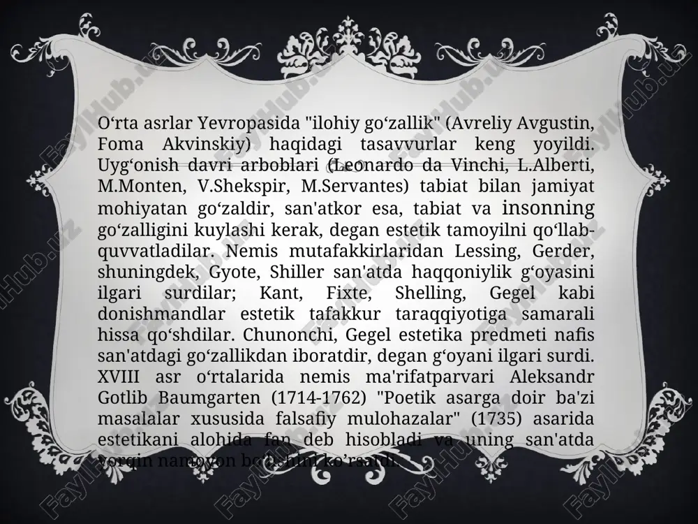 kengdir: u odamlarning mehnat faoliyati, unipg natijalari, moddiy va ma'naviy qadriyatlarida o‘z ifodasini topadi. esgetik his-tuyg‘ullr - olamni estetik anglash asosida shakllangan his-tuyg‘ular. ular inson ongining ajralmas tomoni bo‘lib, nafosatli ong sohasida maxsus o‘rin tutadi. ular estetik ongning alohida qatlami, uning poydevorini tashkil qiladi. estetik his –tuyg’ular estetik ongning barcha jabhalariga sayqal beradi va boyitadi. ruhiy hayotning boshqa bo‘laklari singari , estetik his –tuyg’ular ham voqyelik in'ikosini antlatadi, lekin bu tarzdagi in'ikos etish alohida tusda qaror topadi. ularda bilish, kechinmalar o’zaro chirmashib ketgan bo‘ladi. his-tuyg‘ular hamma vaqt insonning o‘z ehtiyojlari qondirilishi yoki qondirilmasligiga bo‘lgan munosabati bilan bog‘liq holda vujudga keladi. o‘z mohiyatiga ko’ra, ijtimoiy tabiatli ma'naviy hosilani tashkil etgan nafosatli his-tuyg‘ular ma'lum fiziologik asoslar va shart-sharoitlarga ham ega. ular birinchi va ikkinchi ogohlantirish (signal) sistemalarining amal qilishi bilan bog‘liq bo‘lib, ularni fiziologik hamda ruhiy- fiziologik jihatlardan ham o‘rganish imkoniyatini yaratadi. estetik his –tuyg’ular o‘z shakli, o‘zining namoyon bo‘lishi va amal …