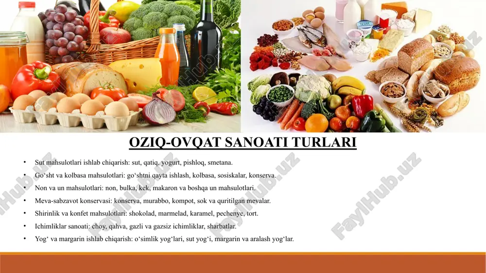 -sabzavot konservasi meva va sabzavotlarni konserva qilish jarayoni xom mahsulotni tanlash va tozalashdan boshlanadi. sabzavot va mevalar yuvilib, po‘stlog‘i va yaroqsiz qismlari olib tashlanadi, zarur hollarda kesiladi yoki maydalab tayyorlanadi. keyinchalik mahsulotlar pishiriladi, sirop, sous yoki boshqa qo‘shimchalar bilan aralashtiriladi, bu ularning ta’mi, rangi va saqlash muddatini yaxshilaydi. mahsulotlar turli shakllarda tayyorlanadi: murabbo, kompot, sok va konservalar ishlab chiqariladi. tayyor mahsulotlar sifat nazorati jarayonidan o‘tadi: mikroblar, bakteriyalar va toksinlar tekshiriladi, shuningdek saqlash sharoitlari va muddatlari belgilab chiqiladi. bu jarayon mahsulotning xavfsizligi, foydali xususiyatlarini saqlash va uzoq muddat saqlanishini ta’minlaydi. zamonaviy ishlab chiqarish liniyalarida avtomatlashtirilgan texnologiyalar yordamida ishlab chiqarish samaradorligi oshiriladi, sifat nazorati osonlashtiriladi va mahsulotlar standartlarga mos holda tayyorlanadi. shirinliklar va konfetlar shirinlik va konfet mahsulotlarini ishlab chiqarish jarayoni shakar eritmasini tayyorlash va qaynatishdan boshlanadi. shu jarayonda shakar to‘liq eriydi va unga suv, sut yoki boshqa ingredientlar qo‘shilishi mumkin. qaynatish jarayoni mahsulotning to‘g‘ri konsistensiyasini va xushbo‘y ta’mini hosil qilishga yordam …