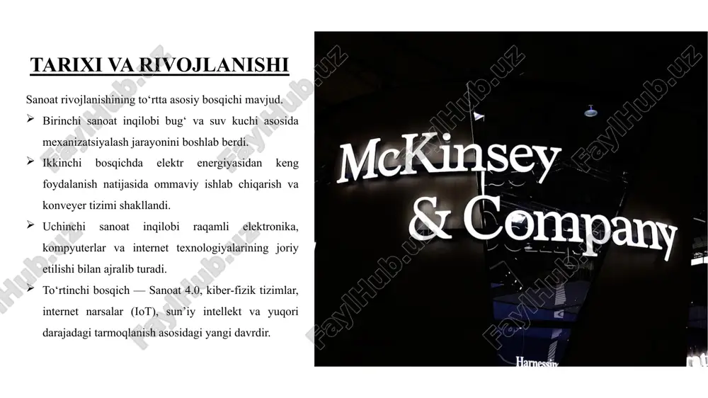 a zamonaviy infratuzilmani yaratish ehtiyoji mavjud bo‘lib, bu ayrim korxonalar uchun jiddiy to‘siq bo‘lishi mumkin. sanoat 4.0 texnologiyalari bugungi kunda turli sohalarda keng qo‘llanilmoqda. eng avvalo, avtomobil sanoati, aviatsiya, kimyo, neft-gaz va qurilish sohalarida raqamli ishlab chiqarish tizimlari, sun’iy intellekt va avtomatlashtirilgan nazorat mexanizmlari joriy etilmoqda. bu texnologiyalar ishlab chiqarish samaradorligini oshirish, energiya sarfini kamaytirish va mahsulot sifatini yaxshilash imkonini beradi. bundan tashqari, ta’minot zanjiri va logistika sohalarida ham ma’lumot tarmoqlari orqali jarayonlarni optimallashtirish, yetkazib berish vaqtini qisqartirish va xarajatlarni kamaytirish imkoniyatlari yaratilmoqda. sanoat 4.0 ishlab chiqarishdan tashqari xizmat va ta’minot tizimlarida ham raqamli inqilobni boshlab berdi. sanoat 4.0 va ta’minot zanjiri sanoat 4.0 ta’minot zanjirini tubdan o‘zgartirib, uni yanada raqamli, tarmoqlangan va shaffof tizimga aylantirmoqda. real-vaqt rejimida ma’lumot almashinuvi orqali ishlab chiqarish, logistika va yetkazib berish bosqichlari o‘zaro uyg‘un ishlaydi. bu yondashuv zaxiralarni kamaytirish, yetkazib berish vaqtini qisqartirish hamda bozor talablariga moslashuvchan javob berish imkonini beradi. natijada butun ta’minot …