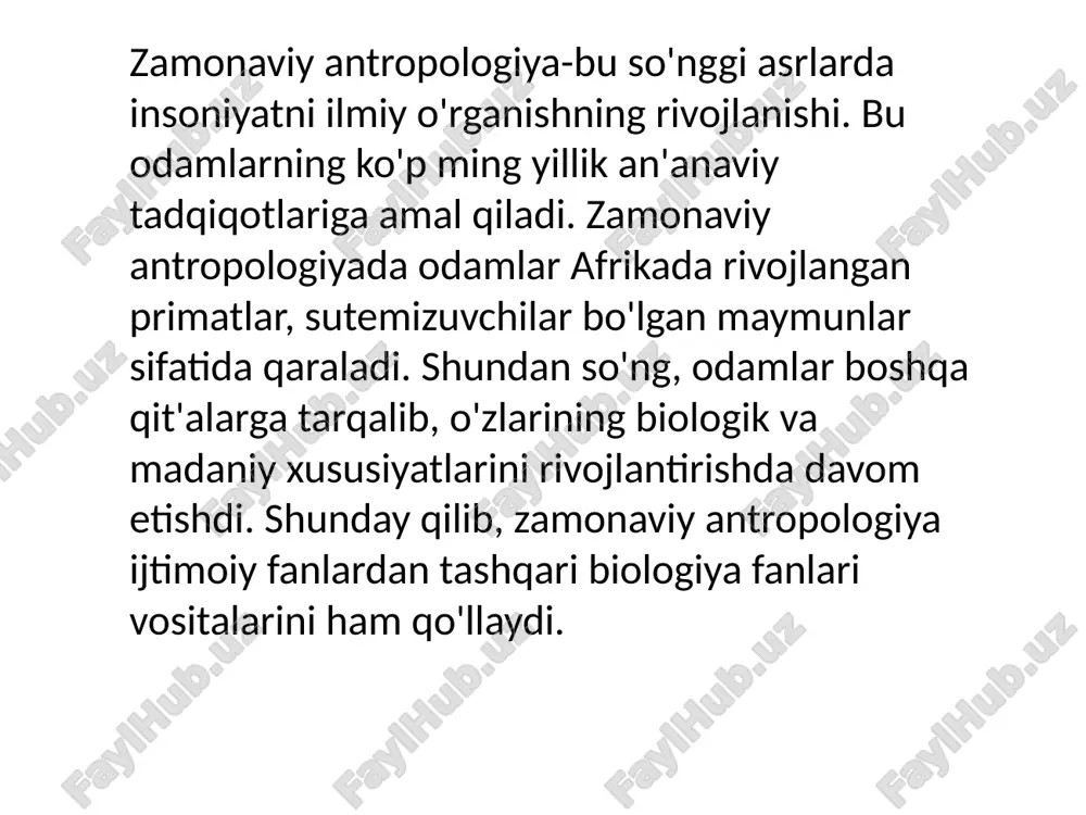 tellektual aloqalarini tasvirlash uchun ishlatilgan. ijtimoiy antropologiya hamma joyda hamma xalqlarni o'rganadi - ular nima qiladi, nima qiladi, nima deb o'ylaydi va o'zlarining ijtimoiy munosabatlari va jamiyatlarini qanday tashkil qiladi. shularni õrganadi turli jamoalardagi odamlar bilan birga yashash, kuzatish va ularning hayot tarzida ishtirok etishni o'rganish ("dala ishi") orqali ijtimoiy antropologlar ularning urf-odatlari va turmush tarzini chuqur tavsiflaydi ijtimoiy antropologiya antropologiyaning muhim sohasidir. ijtimoiy antropologiya ijtimoiy. ijtimoiy 'so'zining bu ma'nosi ijtimoiy antropologiya sohasi va nuqtai nazari antropologiyaning boshqa sohalaridan qanday farq qilishini ko'rsatish uchun etarli. jismoniy antropologiya va madaniy antropologiya chambarchas bog'liq. jismoniy antropologiyaning turli sohalari o'rganishga yaqin ta'sir ko'rsatadi ijtimoiy antropologiya, filiali madaniy antropologiya. arxeologiya yana jismoniy antropologiyaning turli sohalarini o'rganishda yordam berdi. image1.jpeg image2.png image3.jpeg image4.jpeg image5.jpeg image6.jpeg image7.jpeg image8.jpeg image9.png image10.jpeg image11.jpeg