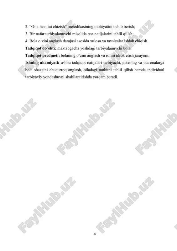 -yillarda ishlab chiqilgan bo‘lib, bolaning oilaga bo‘lgan munosabati, undagi hissiy holati, o‘zini oilaviy tizimdagi o‘rni va roli haqida ma’lumot olish uchun qo‘llaniladi. ushbu metodika bolaning ichki dunyosiga kirishning eng tabiiy va samimiy yo‘llaridan biridir, chunki bola rasm orqali so‘zsiz tarzda o‘z kechinmalarini ifoda etadi. testning asosiy g‘oyasi shundaki, bola o‘z oilasini qanday tasavvur qilsa, uni shunday tasvirlaydi. u kimni chizadi, kimni chizmaydi, kimni qayerga joylashtiradi — bularning barchasi bolaning o‘zini va boshqalarni idrok etish darajasidan dalolat beradi. rasm bolaning o‘zini oiladagi a’zo sifatida qanday his etishini, hissiy bog‘liqligini, xavfsizlik yoki befarqlik tuyg‘ularini, ichki konfliktlarini aniqlash imkonini beradi. metodikaning qo‘llanish sohasi va shartlari mazkur metodika asosan 4 yoshdan 12 yoshgacha bo‘lgan bolalar bilan ishlashda qo‘llaniladi. biroq u maktabgacha yoshdagi tarbiyalanuvchilar, maxsus ehtiyojli bolalar va emotsional rivojlanishida qiyinchilik kuzatilayotgan bolalarni o‘rganishda ham juda foydalidir. metodikani o‘tkazish uchun maxsus jihozlar talab qilinmaydi. quyidagilar tayyorlanadi: oq rangli a4 formatdagi 1 varaq; oddiy qalam (yoki …