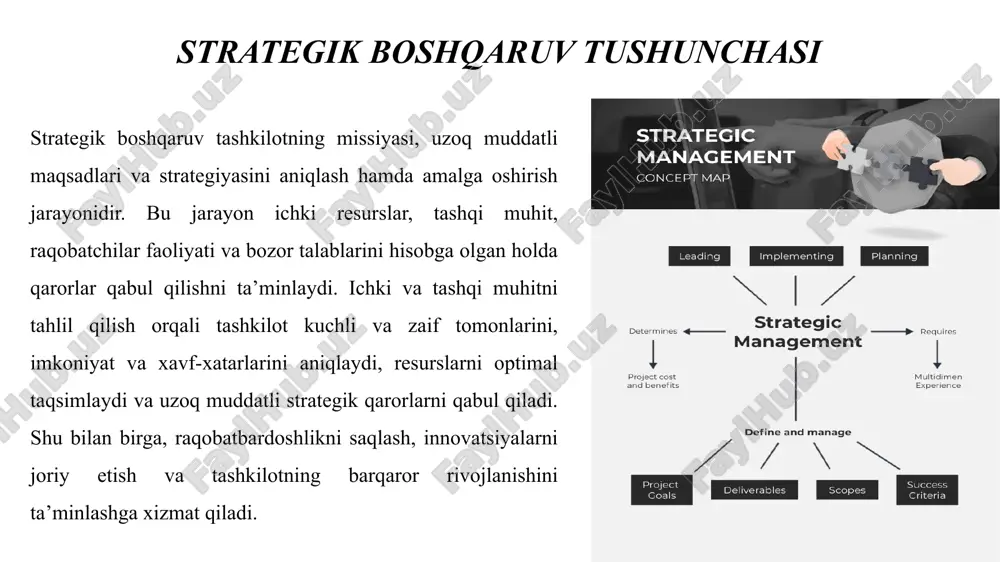 g samarali tatbiqi nafaqat korxona darajasida, balki davlat darajasida ham raqobatbardosh, barqaror iqtisodiy tizimni shakllantirishga xizmat qiladi va uzoq muddatli iqtisodiy rivojlanishning kafolatidir. foydalanilgan adabiyotlar johnson, g., scholes, k., & whittington, r. exploring strategy: text and cases. 11th edition. pearson, 2017. hill, c., & jones, g. strategic management: an integrated approach. cengage learning, 2018. wheelen, t. l., & hunger, j. d. strategic management and business policy: globalization, innovation, and sustainability. 15th edition. pearson, 2020. grant, r. m. contemporary strategy analysis. 10th edition. wiley, 2019. o‘zbekiston respublikasi prezidentining qarorlari va strategik rivojlanish dasturlari, 2017–2024. xusanova g. s., strategik boshqaruv asoslari, toshkent, 2022. aliyeva d., strategik boshqaruv va asosiy qobiliyatlar, toshkent, 2023. image1.png image2.png image3.png image4.png image5.png image6.png /docprops/thumbnail.jpeg