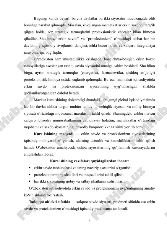 kkisi foyda ko‘radi. shu sababli, erkin savdo xalqaro iqtisodiy tizimning asosiy harakatlantiruvchi kuchi hisoblanadi. erkin savdo nazariyasining shakllanish tarixi erkin savdo g‘oyasi ilk bor xviii asrda ingliz iqtisodchisi adam smit tomonidan “xalqlar boyligi sabablari haqida tadqiqot” asarida ilgari surilgan. u shunday degan: “davlat iqtisodiyotga kamroq aralashsa, jamiyat boyligi tezroq ortadi.” adam smitning fikricha, bozor o‘z-o‘zini tartibga soluvchi mexanizmga ega. shuning uchun davlat faqat huquqiy asoslar va barqaror muhitni ta’minlab berishi kerak, xolos. erkin savdo orqali mamlakatlar o‘z imkoniyatlaridan to‘liq foydalanadi va umumiy farovonlik ortadi. keyinchalik bu g‘oyani david rikardo o‘zining “nisbiy ustunlik nazariyasi” bilan yanada rivojlantirdi. u shunday deydi: > “hatto agar bir mamlakat barcha mahsulotlarni boshqalarga qaraganda samaraliroq ishlab chiqarsa ham, har bir mamlakat o‘zida eng samarali ishlab chiqariladigan tovarlarga ixtisoslashgan holda savdo qilsa, hamma yutadi.” masalan, portugaliya sharob ishlab chiqarishda, angliya esa mato ishlab chiqarishda ustun bo‘lsa, ular o‘zaro savdo qilganda har ikkisi foyda oladi. bu nazariya hozirgi …