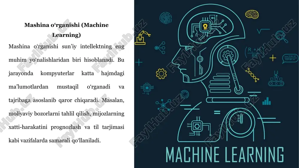 ndashuvlarni shakllantirmoqda. ta’lim jarayonida sun’iy intellekt asosida avtomatik baholash tizimlari, shaxsga mos individual o‘quv dasturlari hamda virtual o‘qituvchilar orqali o‘quvchilar bilimini rivojlantirish imkoniyatlari kengaymoqda. tibbiyot sohasida esa kasalliklarni erta bosqichda aniqlash, bemorga moslashtirilgan davolash rejalarini ishlab chiqish va jarrohlik amaliyotlarida robot-assistentlardan foydalanish orqali yuqori aniqlik va xavfsizlik ta’minlanmoqda. biznes faoliyatida sun’iy intellekt marketing tahlillarini chuqur o‘tkazish, mijozlarga xizmat ko‘rsatishda chat-botlardan foydalanish hamda moliyaviy risklarni prognoz qilish orqali samaradorlikni oshirmoqda. sanoat sohasida esa ishlab chiqarish jarayonlarini to‘liq avtomatlashtirish, iot texnologiyalari yordamida real vaqt monitoringini olib borish va energiya tejamkor tizimlarni joriy etish imkonini bermoqda. transport infratuzilmasida avtonom avtomobillarni boshqarish, aqlli svetoforlar tizimini yo‘lga qo‘yish va transport oqimlarini optimallashtirish orqali xavfsizlik va tezlik oshirilmoqda. davlat boshqaruvi sohasida esa elektron hukumat tizimlari, sun’iy intellekt asosida aholiga oid ma’lumotlarni tahlil qilish hamda onlayn xizmatlarni rivojlantirish jarayonlari kuchaymoqda. bularning barchasi sun’iy intellekt va it texnologiyalarining zamonaviy jamiyat hayotining deyarli barcha jabhalariga chuqur kirib borayotganini, ular …