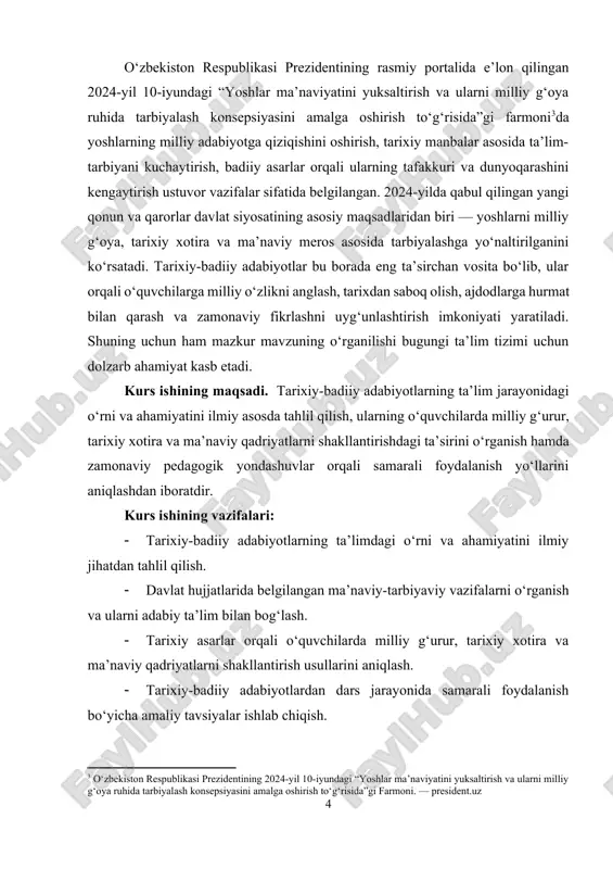 xiy-badiiy adabiyotlarning ilmiy-nazariy asoslari 1.1. tarixiy-badiiy adabiyot tushunchasi va uning shakllanish bosqichlari tarixiy-badiiy adabiyot — bu o'tmishdagi voqealar, tarixiy shaxslar va ijtimoiy jarayonlarni badiiy tasvir, muallif nigohi va syujetli strukturasi orqali ifodalovchi adabiy jarayon va mahsulotlardir; u tarixiy fakt va badiiy talqinning o‘ziga xos sintezi bo‘lib, voqelik va tasavvur, hujjat va ixtiyoriyat, fakt va imaginatsiyaning murakkab uyg‘unligini namoyon etadi. tarixiy-badiiy asarning mohiyati ikki qatlamdan iborat ekanligi bilan belgilanadi: birinchidan, u tarixiy materialga — voqea, vaqt, joy, shaxs va ijtimoiy kontekstga tayangan holda yaratiladi; ikkinchidan, u badiiy idrok, estetik shakllantirish va mualliflik talqini orqali mazmunni jonlantiradi. shu sababli tarixiy-badiiy adabiyotni tushunishda ikki muhim komponentni — manbaviy-faktologik asos va badiiy-estetik talqin — ajratib ko‘rish lozim. faktologik qatlam adabiy matnga ilhom bergan real hodisalarni va hujjatlarni anglatadi, badiiy qatlam esa o‘sha faktlarni muallifning estetik qarashlari, stilistik tanlovlari, semantik yorqinligi va qahramonlarning ichki olami orqali o‘quvchiga taqdim etadi. bu ikki qatlamning integratsiyasi tarixiy-badiiy asarning …