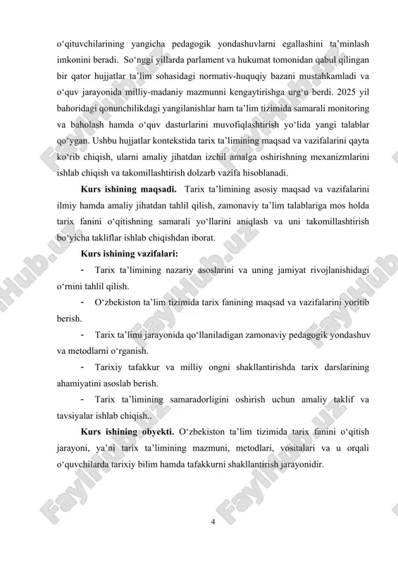 ni targ‘ib qilishgacha bo‘lgan yo‘nalishlarni o‘z ichiga oladi. tarix darslarining mazmuni va metodikasi ana shu maqsadlarga xizmat qilishi lozim, chunki o‘quvchilarni tarixiy haqiqatni anglovchi, murakkab muammolarni kontekstda ko‘ra oluvchi va ularni samarali hal etishga qodir fuqarolarga aylantirish hozirgi davr ta’lim siyosatining ustuvor vazifalaridan biridir. madaniy merosni asrash va unga hurmatni singdirish tarix ta’limining birinchi va eng asosiy maqsadlaridan biridir. madaniy meros nafaqat moddiy obidalar — arxitektura, muzey eksponatlari, tarixiy binolar — balki til, adabiyot, an’analar, folklor va ijtimoiy munosabatlar tizimidir. tarix darslarida bu merosni ilmiy asosda o‘rganish, uning qanday shakllangani, qanday kontekstlarda rivojlanganini tushuntirish yoshlarni o‘z milliy ildizlariga bog‘lashga xizmat qiladi. madaniy meros bilan tanishish orqali o‘quvchilar o‘z millatining tarixiy tajribasini anglab yetadi, o‘ziga xoslikni qadrlaydi va jamiyatdagi birlashuv va barqarorlik uchun zarur bo‘lgan hissiy va madaniy bog‘liqliklarni his qiladi. shu bilan birga, madaniy merosni o‘rgatishda e’tibor tariqiy haqiqatga va talqinlarning xilma-xilligiga berilishi kerak; tarixiy faktlar faqat bitta tomonlama talqin …