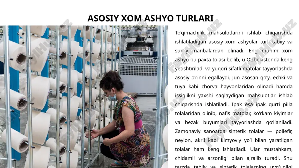 tayyor matolar, trikotaj mahsulotlar, kiyim-kechak va uy-ro‘zg‘or buyumlari yetakchi o‘rin egallaydi. so‘nggi yillarda o‘zbekiston paxtasining 80 foizdan ortig‘i mamlakat ichida qayta ishlanib, tayyor mahsulot sifatida eksportga yo‘naltirilmoqda. bu esa eksport hajmini oshirish bilan birga, yuqori qo‘shimcha qiymatga ega mahsulotlar ishlab chiqarish imkonini bermoqda. mahalliy korxonalar xalqaro talab va standartlarga mos mahsulotlar ishlab chiqib, “made in uzbekistan” brendi ostida jahon bozorida o‘z o‘rnini tobora mustahkamlab bormoqda. muammolar va yechimlar o‘zbekiston to‘qimachilik sanoati barqaror rivojlanayotgan bo‘lsa-da, ayrim muammolar hali ham mavjud. eng avvalo, xom ashyo narxining o‘zgaruvchanligi ishlab chiqarish xarajatlariga bevosita ta’sir ko‘rsatadi. shuningdek, malakali mutaxassislar yetishmovchiligi va ayrim korxonalarda texnik jihozlarning eskirganligi ishlab chiqarish samaradorligini cheklaydi. bu muammolarni bartaraf etish uchun bir qator yechimlar ishlab chiqilgan. avvalo, innovatsion va raqamli texnologiyalarni joriy etish ishlab chiqarish jarayonlarini tezlashtiradi hamda mahsulot sifatini oshiradi. kasbiy ta’lim tizimini rivojlantirish esa yangi, malakali kadrlarni tayyorlash imkonini beradi. eksportni diversifikatsiya qilish — ya’ni yangi bozorlarni o‘zlashtirish va …