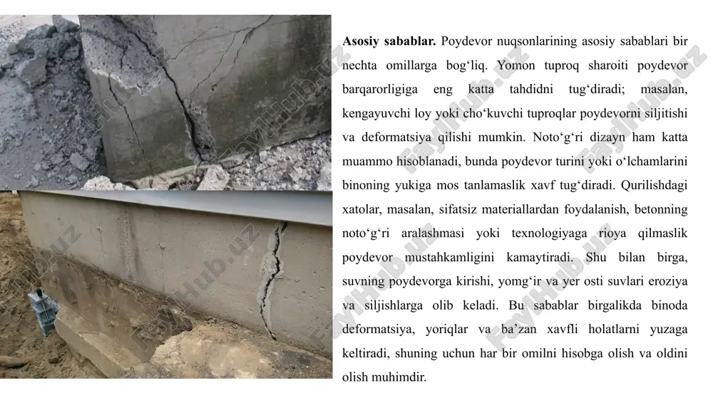 al yoriqlar poydevor devorlariga yon bosimlar yoki tuproqning notekis ta’siri natijasida yuzaga keladi. qadam shaklidagi yoriqlar esa poydevor bloklari orasidagi siljish va deformatsiyalarni ko‘rsatadi. deformatsiya va yoriqlar binoning barqarorligi uchun xavf tug‘diradi, shuning uchun ularni erta aniqlash va zarur ta’mirlash ishlarini bajarish muhimdir. poydevor materiallari. poydevor qurilishida material tanlovi uning mustahkamligi va uzoq muddatli xizmat ko‘rsatishiga bevosita ta’sir qiladi. beton – eng keng tarqalgan material bo‘lib, uning mustahkamligi va chidamliligi tufayli ko‘plab inshootlarda ishlatiladi. temir-beton esa po‘lat armatura bilan mustahkamlangan beton bo‘lib, katta yuk ko‘tarish qobiliyatiga ega va yoriqlarga chidamli hisoblanadi. butobeton – bloklar shaklida ishlatiladigan beton turi bo‘lib, qurilish tezligini oshiradi, ammo sifatli yotqizilmagan hollarda nuqsonlarga olib kelishi mumkin. tabiiy tosh esa estetik jihatdan yaxshi va uzoq muddat xizmat qiladi, lekin uni ishlatish qiyin va iqtisodiy jihatdan qimmatroq bo‘lishi mumkin. material tanlashda mustahkamlik, uzoq muddatli xizmat va iqtisodiy samaradorlik kabi mezonlar hisobga olinadi, shuning uchun har bir loyiha uchun …