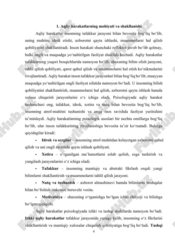 obiliyatlari rivojlanadi. bu bosqichda bolalar muammolarni kengroq va murakkabroq shakllarda tushunishga qodir bo‘ladi, shuningdek, ular murakkab mantiqiy konstruktsiyalarni yaratishga qodir bo‘ladilar. har bir bosqichda aqliy harakatlar yangi shaklga o‘tadi, bu esa insonning tafakkurini yanada rivojlantiradi. bolalar avval konkret predmetlar bilan ishlashni o‘rganishsa, keyinchalik ular abstrakt va nazariy tafakkurga o‘tadilar, bu esa ularga murakkab vaziyatlarda to‘g‘ri qarorlar qabul qilish imkoniyatini yaratadi. intelektual faollik insonning bilim olish, axborotni qayta ishlash va mustaqil fikrlash qobiliyatini aks ettiradi, va tafakkur bu jarayonning asosiy mexanizmi hisoblanadi. insonning intelektual faolligi tafakkur jarayoni orqali namoyon bo‘ladi va quyidagi jihatlar bilan bog‘liq: · bilimga bo‘lgan qiziqish – tafakkur jarayonida inson yangi bilimlarni izlash va o‘zlashtirishga intiladi. bu, o‘z navbatida, uni intellektual faollikka undaydi va yangi bilimlarni olishga tayyor qiladi. · tahliliy fikrlash – inson muammolarni chuqur anglash va ularni hal qilish uchun tahliliy fikrlashni qo‘llaydi. bu jarayon tafakkur orqali amalga oshiriladi, chunki tafakkur sabab-oqibat bog‘liqliklarini tushunish va ular …