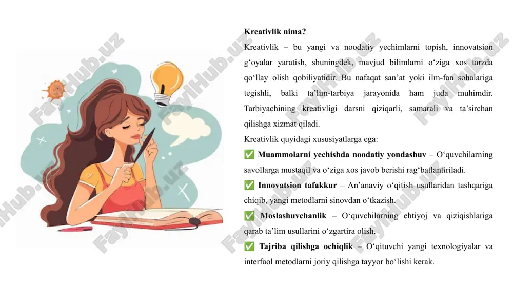 yoniga o‘yin elementlarini kiritish orqali motivatsiya oshiriladi. masalan, baholash tizimini ballar va sovrinlar bilan almashtirish o‘quvchilarni faol harakat qilishga undaydi. ✅ real hayotga bog‘langan mashg‘ulotlar – o‘quvchilar uchun dars mazmuni hayotiy ahamiyatga ega bo‘lsa, ular bilimlarni chuqurroq o‘zlashtiradi. masalan, iqtisod darsida o‘quvchilar biznes-reja tuzishi yoki kimyo darsida laboratoriya tajribalari o‘tkazilishi mumkin. ✅ moslashuvchan darslar – o‘quvchilarning qiziqishlariga qarab dars mazmunini moslashtirish, ularga erkinlik berish ta’lim samaradorligini oshiradi. kreativ yondashuv natijasida o‘quvchilar passiv tinglovchilardan faol ishtirokchilarga aylanadi. bu esa ularning qiziqishini kuchaytirib, darsdan zavqlanishiga va bilimlarni mustahkam o‘zlashtirishiga yordam beradi. o‘quvchilarning mustaqil va ijodiy fikrlashini rivojlantirish. zamonaviy dunyoda tayyor bilimlarni yod olish emas, balki mustaqil tahlil qilish, yangi g‘oyalar yaratish va innovatsion fikrlash asosiy ko‘nikmalardan biri hisoblanadi. kreativ yondashuv aynan shu jarayonni qo‘llab-quvvatlaydi. mustaqil va ijodiy fikrlashni rivojlantirish usullari: 🔹 muammoli ta’lim – o‘quvchilarga tayyor javob berish o‘rniga, ularni yechim izlashga yo‘naltirish. masalan, ekologiya darsida “kelajakda suv tanqisligi qanday hal qilinishi …