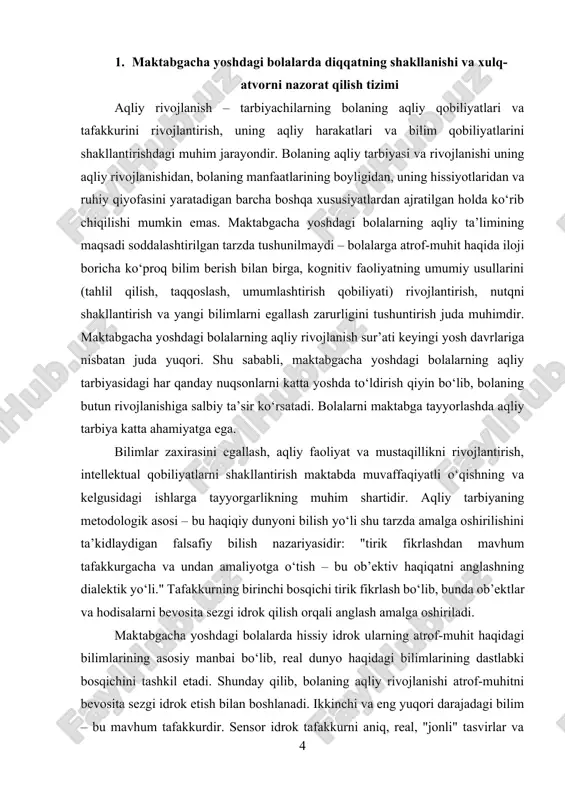 asa, u topshiriqlarni oxiriga yetkazishda qiyinchiliklarga duch keladi va xulq-atvorida beqarorlik seziladi. bolaning diqqat qaratish qobiliyati rivojlanar ekan, uning xatti-harakatlari ham barqarorlik kasb etadi. bu esa o‘z navbatida, o‘yin va o‘quv faoliyatida muvaffaqiyatga erishishiga, ijtimoiy munosabatlarda muvaffaqiyatli bo‘lishiga yordam beradi. diqqatni shakllantirish usullari va omillari. diqqatni shakllantirish bolaga ta’sir qiluvchi ichki va tashqi omillar bilan bog‘liq. ichki omillar bolaning fiziologik xususiyatlari, hissiyotlari, qiziqishlari va motivatsiyasiga asoslanadi. tashqi omillar esa atrof-muhit, tarbiya, o‘yin va o‘quv jarayonining tashkil etilishi bilan bog‘liq. diqqatni shakllantirishning samarali usullari quyidagilardan iborat: · qiziqarli o‘yinlar orqali bola e’tiborini jalb qilish va uni uzoq muddat davomida ushlab turish. · oson va qiziqarli mashg‘ulotlardan boshlab, asta-sekin murakkab vazifalarga o‘tish. · rasm, chizma, ovozli materiallar va qo‘g‘irchoqlar yordamida bolaga ta’sir o‘tkazish. · bola uchun qiziqarli bo‘lgan mashg‘ulotlar orqali diqqatni mustahkamlash. xulq-atvorni nazorat qilish tizimining psixologik asoslari. xulq-atvorni nazorat qilish tizimi bolaning irodasi, hissiyotlari va aqliy rivojlanishi bilan bevosita bog‘liq. bola …