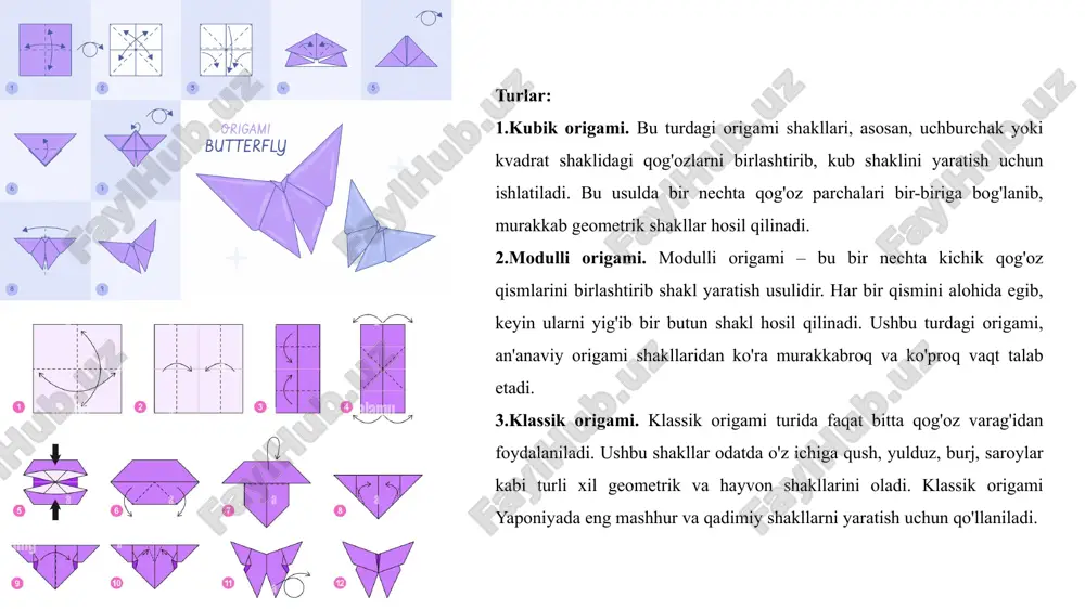 lardagi o‘yinchoqlar tayyorlash mumkin. bunda avval asosiy karkas tayyorlanadi, so‘ng qog‘oz qatlamlari qo‘shilib, kerakli shakl hosil qilinadi. quritish jarayoni tugagach, buyum bo‘yaladi va bezaklar qo‘shiladi. bu usulda ishlash uchun kerakli materiallar: eski gazeta yoki yumshoq qog‘oz, yopishtiruvchi modda (kraxmal yoki pva yelim), suv va dekorativ bo‘yoqlar. shuningdek, plastmassa yoki karton yordamida karkas shaklini yaratish mumkin. chinni xamir bilan ishlash esa kulolchilik sohasida keng qo‘llanadi. bu texnologiya yordamida nafis bezak buyumlari, haykallar va idishlar tayyorlanadi. chinni xamir nam holatda shakllantirilib, keyin esa yuqori haroratda pishiriladi, bu esa unga mustahkamlik va yaltirash xususiyatini beradi. 4. kashtachilik san'ati kashtachilik san’ati – mato ustida maxsus iplar yordamida naqsh va bezaklar tikish san’atidir. bu qadimiy hunarmandchilik turi uzoq tarixga ega bo‘lib, turli xalqlarning madaniy merosi sifatida rivojlanib kelmoqda. kashtachilik qadimda kiyim-kechak, uy bezaklari va diniy marosim buyumlarini bezashda keng qo‘llanilgan. kashta turlari turlicha bo‘lib, ular orasida oddiy kashta (soddalashtirilgan naqshli tikish usuli), bezakli kashta (murakkab …