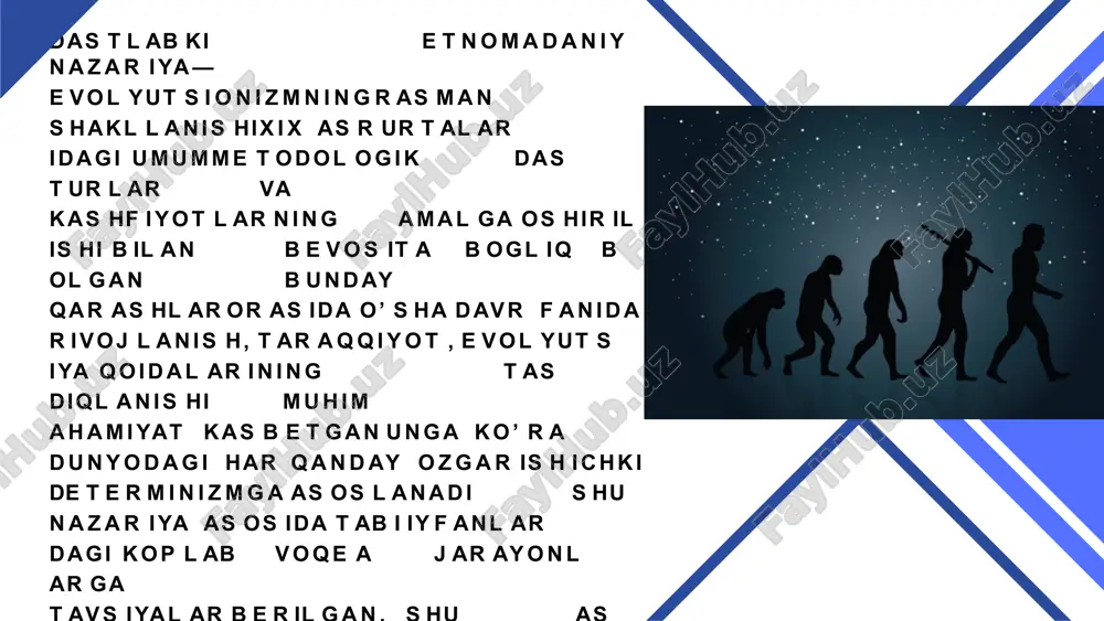 gan. adolf bastian asosiy tadqiqoti “ etnologiyaning asosiy tadqiqotlari” 1881 - yil nashr etilgan e d u1a r d b e r n e t t t a y l o r ( 1 8 3 2 . 2 . 1 0 , l o n d o n — 1 9 1 7 . 2 . 1 , u e l l i n g t o n , s o m e r s e t s h i r ) — i n g l i z e t n o g r a f i , i b t i d o i y m a d a n i y a t t a d q i q o t c h i s i . g . s p e n s e r b i l a n b i r g a …