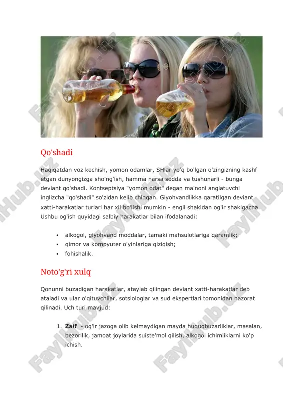 arda xoinlik sudlangan xatti-harakatlar deb hisoblansa, masalan, yaponiyada bunga tushunarli munosabatda bo'lish kerak. ushbu mamlakatda erkaklar ko'ngil ochish bo'yicha geishas instituti yuqori darajada rivojlangan. rossiyada shunga o'xshash hodisa fohishalik deb ataladi va qonun bilan jazolanadi. shuning uchun deviant xulq turlarini axloqiy me'yorlarga tayanib, ma'lum bir mamlakat va millat nuqtai nazaridan ko'rib chiqish kerak. o'z joniga qasd qilish harakati yosh avlod orasida o'z joniga qasd qilish kam uchraydi. o'z sog'lig'iga zarar etkazishga qaratilgan harakatlar o'spirinning o'z joniga qasd qilgan deviant xatti-harakati bilan bog'liq. uning ba'zi turlari namoyishga, achinish tuyg'usini uyg'otishga, odamga e'tibor berishga qaratilgan. shunday bo'lsa-da, bunday harakatlar ba'zan kuchli hissiy shok yoki travma natijasida ta'sirlangan holatda qilinadi. ba'zida o'z joniga qasd qilish harakati tabiatda hisoblab chiqiladi va boshqalarga qaraganda ko'pincha maqsadga erishadi. deviant xulqning oqibatlari psixologiyada buzuq xatti-harakatlar ommaviy xarakterga ega bo'ladi, bu zamonaviy hayotning haqiqiy ofati. uning oqibatlari eng oddiy, jamiyat tomonidan qoralanishdan tortib, hayotdan mahrum bo'lishgacha bo'lishi mumkin. …