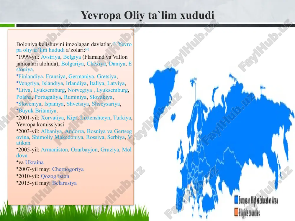 laydi. o‘zbekiston hanuzgacha mmt muhokamasining boshlang ‘ich bosqichida va, umuman olganda, uning rivojiga bo‘lgan o‘z qiziqishini bildirmoqda. milliy sifatni ta’minlovchi tizim (nqa) sifatni ta’minlash - baholash, monitoring, ta’lim muassasalari va oliy ta’lim dasturlarining sifat tizimini ta’minlash, qo‘llab-quvvatlash va takomillashtirish jarayoniga taalluqlidir. milliy darajada, tashqi baholashning mazkur usuli alohida vakolatlarga ega bo‘lgan mustaqil va avtonom idora tomonidan amalga oshirilishi kerak. o‘zbekistonda oliy ta’limda sifat ta’minoti, otmlarning akkreditatsiya va attestatsiya masalalari bilan o‘zbekistob respublikasi vazirlar mahkamasi qoshidagi davlat test markazi shug‘ullanadi. mazkur tashkilot sifatni baholash va nazorat qilish jarayonida xalqaro agentliklar xizmatidan foydalanmaydi. chet el malakalarini tan olish malakalarni tan olish boloniya jarayonining muhim yo'nalishlaridan hisoblanadi va xalqaro mobillikni rivojlantiruvchi hamda bitiruvchilarning ishga joylashish imkoniyatini yaxshilovchi omil sifatida baholanadi. bu sohadagi vositalardan biri malakalarni tan olish bo‘yicha lissabon konvensiyasi hisoblanadi. u belgilangan standartlar asosida bir mamlakatda egallangan malakalarni boshqa mamlakatlarda tan olish to‘g‘risidagi xalqaro konvensiya sanaladi. konvensiya yevropa kengashi bilan yunesko tomonidan …