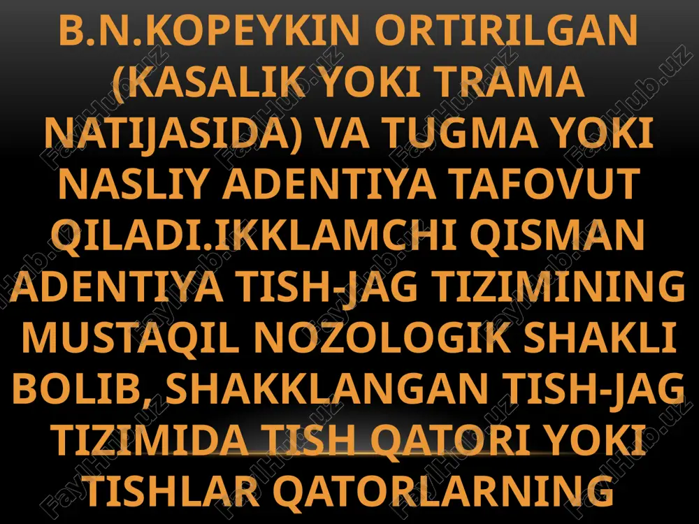 yoki yarmidan koprogigacha parallel chiziqlar bilan xarakterlanadi.ikkinchi tur-tishlarning tegib turadigan yuzasi juda konvergaisyalanadi. uchinchi turdagi tishlar distal sathda, bazan esa mezial sathda tishlarni vasilev boyicha anatomik ornatish.okklyuzion egri chiziqlarning yaqqol namoyon bolishi prikusning har bir turiga xos. protezni ornatish. tishsiz jagga protezni ornatish qiyinchilik tugdirmaydi.ular keyinroq,bemorni boladigan,turli kamclikla protezga konikish jarayonida paydo boladigan,turli kamchliklarni bartarab (e.i.gavrilov).protez maydoni aks tasirini bir tomondan qozgatuvchining xarakatteri ,jadaligi va davomiyligi bilan,ikkiunchi tomondan –organimning reaktivligi bilan belgilanadi etiboringiz uchun raxmat image3.png image1.png /docprops/thumbnail.jpeg