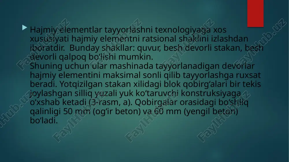 qatorli yo‘lak bloklaridan (1-rasm, ye) bajarilgan bo‘lishi mumkin. . panel - blokli sxema tekis har hil shakldagi hajmiy elementlar birikishini qaytarilishi natijasida ichki qo‘shaloq devorlarni yo‘qotish hisobiga yengilashtirilgan blokli sxema varianti bo‘lib hisoblanadi. masalan, hajmiy elementlar yonmayon emas, balki bino ko‘ndalangi bo‘yicha qo‘yiladi - hajmiy elementlar orasidagi bo‘shliq tekis plitalar bilan yopiladi, yon tomoni devor panellari bilan o‘raladi. balandlik bo‘yicha hajmiy elementlarni shaxmat shaklida o‘rnatish mumkin. panel-blokli qurilishda oraliq va qadam o‘lchami taxminan teng bo‘lgan kichik hajmiy elementlarni qo‘llash mumkin. bu holda konstruksiyaviy tizim blok ustunlaridan, bino bikr gardishi esa tekis orayopma panellardan iborat bo‘ladi. panel-blokli tizim hajmiy bloki yuk ko‘taruvchi va o‘z yukini ko‘taruvchi, hamda tutashgan yuk ko‘taruvchi panel devorli qilib tayyorlanadi. tutashgan devorlarni qo‘llash yagona o‘lchamlari sonini ko‘paytiradi, lekin hajmiy-blokli bino uchun tavsiya etilgan o‘z yukini ko‘taruvchi hajmiy bloklarni qo‘llashga sharoit yaratadi. karkas-blokli sxema oldingi ikkalasidan keskin farq qiladi. bu sxemada yuk ko‘taruvchi va o‘rovchi konstruksiyalar vazifasi boshqacharoq …
