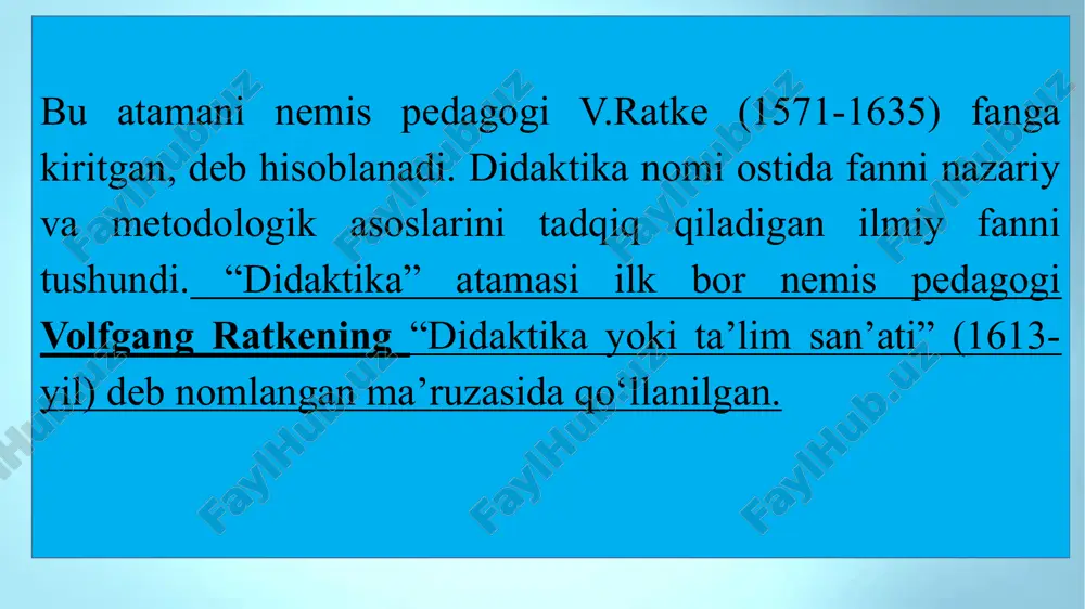 rga ega bo‘lmagan bola ongida vositachilik qiladi. o‘qituvchining faoliyati tufayli ta‘lim puxta o‘ylab chiqilgan maqsad, mazmun va dasturlar asosida olib boriladigan jarayonga aylanib, kutilgan natijalarni beradi.ta’lim jarayonida o‘qituvchi va o‘quvchi o‘rtasida o‘zaro muloqat yuzaga keladi. zamonaviy ta’lim paradigmalari paradigma-(yunoncha, “paradeigma”-misol, namuna) so‘zining o‘zi keng ma’noda turmush va fikrlashining biror sohasining fundamental asoslarini aniqlab beruvchi o‘ziga xos tuzilishga ega nazariya deb izohlanadi. paradigma-aniq vaqt doirasida ilmiy jamoatchilikka muammolarni aniqlash va ularni hal etish modeli sifatida taqdim etiladigan barcha ilmiy yutuqlarga tegishli tadqiqot vazifalarini hal etish namunasi sifatida qabul qilingan nazariya. ta’limning keng tarqalgan 5 paradigmasi mavjud: an’anaviy(bilimga yo‘naltirilgan paradigma); fenomenologik(insonparvarlik paradigmasi); ratsionalistik (bixevioristik, xulq- atvorga doir); texnokratik; ezoterik. an’anaviy (bilimga yo‘naltirilgan) paradigma. bilimga yo‘naltirilgan paradigmada ta’limning bosh maqsadi: «istalgan qiymatdagi bilim, bilim va yana bilimdir» bixevioristik (ratsionalistik) paradigma. ratsionalistik paradigma an’anaviy paradigmaga qarama-qarshi o‘laroq, o‘zining diqqat markazida mazmunni emas, o‘quvchilarning turli turdagi bilimlarni o‘zlashtirishining samarali usullarini qo‘yadi. ilmiy-texnik, texnokratik paradigmaning bosh …