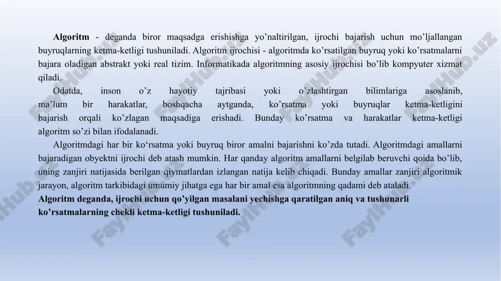 'lsa ham natija olish mumkin bo'lmasa, u holda unga algoritm qo'llash mumkin emas deyiladi. endi joiz boshlang'ich qiymatlar sinfi qanday ekanligini ko'rib chiqamiz. boshlang'ich qiymatlar ba'zan narsa yoki buyumlar, sonlar ekanini ko'rdik. bu fikr olingan natijalar uchun ham o'rinli. bu narsalar orasidagi umumiylik nimada? algoritm - bu qoidalar va demakki, ular qandaydir tillarda ifodalangan, degan fikrni e'tiborga olsak, bu umumiylik ko'rinadi. bir necha marta bu qoidalarni aniq bajarilishi qanchalik muhim ekanligi haqida gapirib o'tdik. algoritmning asosiy xossalari algoritmni ishlab chiqishda uni bir necha xil usul bilan ifodalab bersa bo’ladi. shulardan uchtasi keng tarqalgan. bular: 1. algoritmni oddiy tilda ifodalash; 2. algoritmni tuzim ko’rinishida ifodalash; 3. algoritmni maxsus (algoritmik) tilda yozish. algoritmni oddiy tilda ifodalash. algoritmlarni ifodalashning eng keng tarqalgan shakli - oddiy tilda so’zlar bilan bayon qilishdir. bu nafaqat hisoblash algoritmlarida, balki hayotiy, turmushdagi "algoritm"larga ham tegishlidir. masalan, biror bir taom yoki qandolat mahsulotini tayyorlashning retsepti ham oddiy tilda tavsiflangan …
