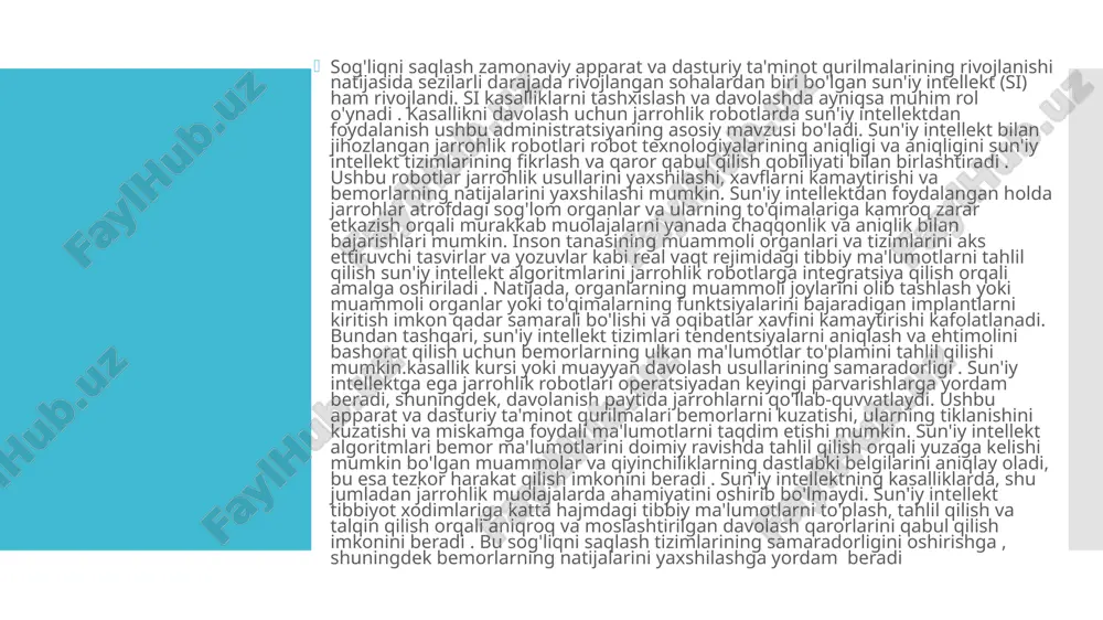 muammolar va axloqiy muammolar hali ham mavjud. umuman olganda, sun'iy intellekt (al) bilan ishlaydigan jarrohlik robotlari tibbiyot sohasida inqilob qilmoqda va sog'liqni saqlash muassasalarida jarrohlik amaliyotini o'zgartirmoqda. ushbu zamonaviy tizimlar robototexnikaning aniqligi va zukkoligini, shuningdek, sun'iy intellekt algoritmlarining analitik kuchini turli usullar va usullar bilan jarrohlik operatsiyalarini yaxshilash uchun birlashtiradi. sun'iy intellektdan foydalanish orqali jarrohlik robotlari murakkab vazifalarni yuqori aniqlik bilan bajarishi va xavfni kamaytirishi mumkin. inson xatolari va bemorlarning xavfsizligini oshirish. sun'iy intellekt algoritmlari katta hajmdagi tibbiy ma'lumotlarni tahlil qilishi va jarrohlar va sog'liqni saqlash mutaxassislariga real vaqt rejimida fikr-mulohazalarni taqdim etishi mumkin, bu ularga jarrohlik muolajalari paytida yaxshiroq qaror qabul qilish imkonini beradi. ushbu algoritmlar, shuningdek, aniqroq, samaraliroq va ko'p vaqt talab qiladigan operatsiyalarga olib keladigan rejalashtirish, modellashtirish va etakchilikni yaxshilashga imkon beradi. boshqacha qilib aytganda, jarrohlik robotlari jarrohlik usullarini o'zgartiradilar va tibbiyotni asosan sun'iy intellekt usullariga tayanadigan muhitga aylantiradilar. ushbu zamonaviy qurilmalar robotlarning aniqligi va mahoratini mashinani …