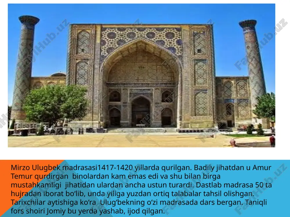 doniyor ham bor edi. xulosa bu qadimiy obidalarimiz bizga buyuk bobolarimizdan qolgan katta tarixiy yodgorlik. bu obidalar qurilgandan beri nene odamlar yashab o’tganiga guvoh bo’lgandir. islom dini rivoji uchun katta hissa qo’shagn imom al- buhoriy avlodiman deyishdan fahrlanib yashayman. amir temur deb tanitsak hambutun jahon taniydi bizni.ibs sino bobomizniku asti qo’yaverasiz. e'tiboringiz uchun raxmat ☺ image3.png image4.png image5.png image6.jpeg image7.jpeg image8.jpeg image9.jpeg image10.jpeg image11.jpeg image12.png image13.png image14.png image15.png image16.png image17.png /docprops/thumbnail.jpeg