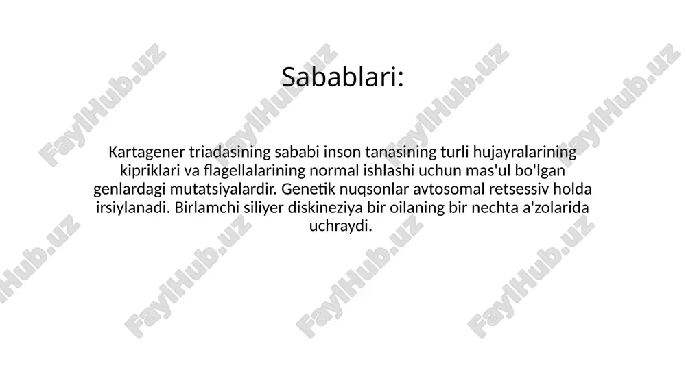 l sinuslarning rivojlanmaganligi aniqlanadi. ko'krak qafasining kompyuter tomografiyasi bronxoektazning lokalizatsiyasi va tarqalishini aniqlashga yordam beradi. funktsional tadqiqot usullari. ular qo'llab-quvvatlamoqda. ekgda dekstrokardiya aniqlanadi - asosiy tishlarning teskari yo'nalishi, kor pulmonale belgilari. spirometriya (5 yosh va undan katta yoshdagi bolalarda o'tkaziladi) tashqi nafas olish funktsiyasining, asosan, obstruktiv turdagi pasayishini aniqlaydi. biopsiya. material remissiya davrida, kuchayganidan keyin 4-6 haftadan oldin olinadi. burun shilliq qavati yoki bronxning biopsiyasi elektron va yorug'lik mikroskopiyasi yordamida tekshiriladi. siliyer apparati tuzilishidagi anomaliyalar aniqlanadi, siliya tebranishlarining chastotasi va sinxronligi tahlil qilinadi. tashxisni genetik jihatdan tasdiqlash mumkin, ammo ko'chmas siliya sindromi uchun ushbu tadqiqot usuli mos kelmaydi. bolalar pulmonologlari kartagener sindromini kist fibrozisi, o'pkaning kist gipoplazisi, boshqa etiologiyalarning bronxoektazi, bronxial astma va birlamchi immunitet tanqisligi holatlari bilan ajratadilar. davolash: genetik tabiatdagi kasallikni to'liq davolash mumkin emas. bemorning hayot sifatini yaxshilash, mehnat qobiliyatini saqlab qolish va oqibatlarini minimallashtirish uchun terapevtik tadbirlar amalga oshiriladi. irsiy sindrom ko'p organli patologiya hisoblanadi. davolash …