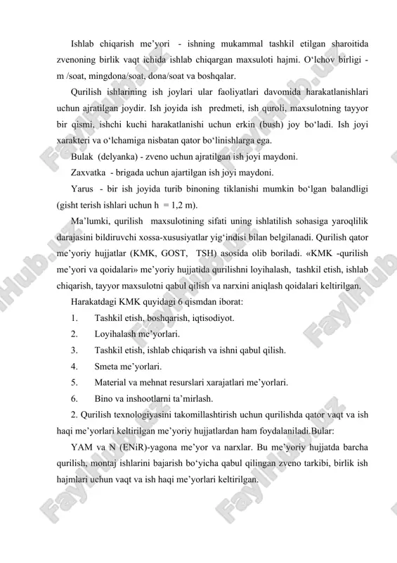 va ish haqi me’yorlari keltirilgan. mm va n (vnir) -ma’muriy me’yor va narxlarda vaqt va ish haqi me’yorlari qurilish ishlarining spetsifikasiyasiga bog‘liqlikda keltirilgan (ma’muriyat tomonidan tuzilishi mumkin). mm va n (mnir) -mahalliy me’yor va narxlar mahalliy qurilish tashkilotlari, me’yoriy-izlanish stansiyalari tomonidan tuzilib, unda shu qurilish hududi xususiyatlari hisobga olinadi. qurilishda ish haqi. qurilishda texnik va ta’rif me’yorlari asosida haq to‘lanadi. bajarilgan ish hajmi hisoblanib texnik me’yoriy hujjat (yam va n. kmk) da birlik ish hajmi uchun keltirilgan ish haqi me’yoridan foydalanib, ishbay ish haqi quyidagi ifoda yordamida aniqlanadi. ix = vi * ixm bunda: ix - ishbay ish haqi; sum; vi - ish hajmi, m , m , dona. ixm- birlik ish hajmi uchun ish haqi me’yori, sum. demak, ishbay haq to‘lashda ish haqi mikdori bajarilgan ish hajmiga nisbatan to‘g‘ri proporsional ravishda oshib boradi. ishbay haq to‘lash oddiy va mukofotli bo‘lishi mumkin. oddiy ishbay haq to‘lashda, ish haqi bajarilgan ish …