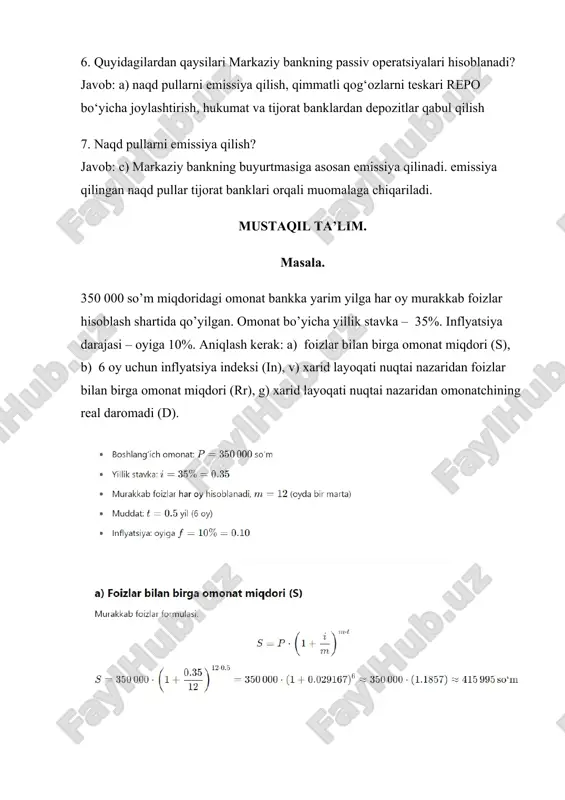 rning o’ziga xos xususiyatlari nimalarda namoyon bo’ladi? javob: b. ularning xo’jalik yurituvchi sub’ektlar, aholi va davlat tashkilotlari o’rtasida amalga oshiriladigan hisob–kitoblarni tashkil etishi va ularning ustidan tegishli nazorat ishlarini amalga oshirish hisoblanadi 4. mulkiy jihatdan banklar tasniflanishi qanday javobda to’liq va to’g’ri keltirilgan? javob: b. davlat banki, aktsiyadorlik banki, kooperativ bank, xususiy va xorijiy kapital ishtirokida qo’shma bank 5. banklar bajaradigan funktsiyasi (operatsiyalari) jihatidan qanday tasniflanadi? javob: g. emission, tijorat, investitsion, ipotekali va jamg’arma bank image4.png image5.png image6.png image7.png image1.png image2.png image3.png