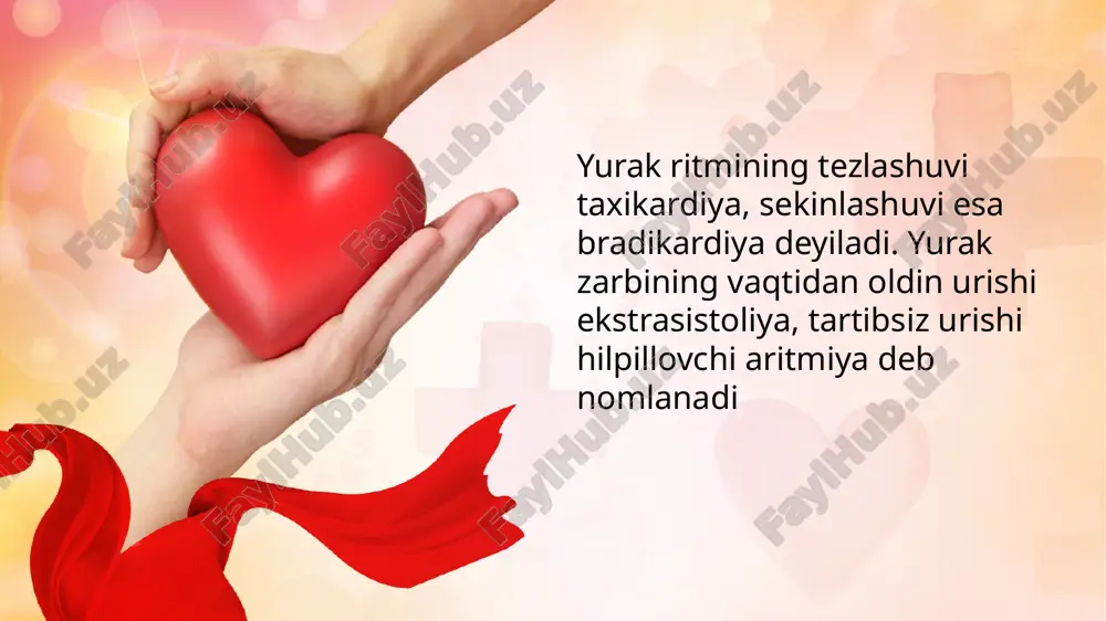 chraydi,miokardning oǵir zararlanishi,revmatizm, idiopatik miokarditda uchraydi. 18 tebranuvchi aritmiyalarda bolalarning umumiy ahvoli birdan yomonlashadi, baʼzida qoʻrquv, vahima yuzaga keladi. yurakni eshitib koʻrganda tonlarning turli xil yarangdorligi, qisqa va pauzalarning tartibsiz almashinuvi aniqlanadi. puls yetishmovchiligi, yurakni qisqarish soni puls sonidan ustunlik qiladi. odatda qon aylanish buzilish belgilari turli darajada boʻladi 19 ekgda ritmning bu buzilishida r tishi oʻrnida oʻlchami va shakli boʻyicha turli xil alohida toʻlqinlar aniqlanadi. asosiy terapiya, tebranuvchi aritmiyani chaqirgan kasallikni davolashga yoʻnaltirilgan. taxiaritmik shaklida yurak glikozidlari tavsiya etiladi. bradiaritmik shaklida yurak glikozidlarini ehtiyotkorlik bilan qoʻllash zarur. baʼzida novokainamid, xinidin, aymalin katta samara beradi. medikament davo samarasizligida elektr defibrillyatsiya koʻrsatilgan. bolalarda tebranuvchi aritmiya oqibati juda jiddiy, asosan taxiaritmik shakli yomon oqibat bilan tugaydi. 20 sinus tuguni aritmiyasi sinusli tugunning zaifligi sindromi - taxibradikardiya sindromi ritmning murakkab buzilishi hisoblanadi,koʻp hollarda yurak operatsiyalaridan so'ng kuzatiladi. yaqqol bradikardiyada bosh aylanishiyoki hushdan ketish aniqlanadi. bradikardiyaning taxikardiya bilan almashinishini bemorlar yurak tez urib ketishi …