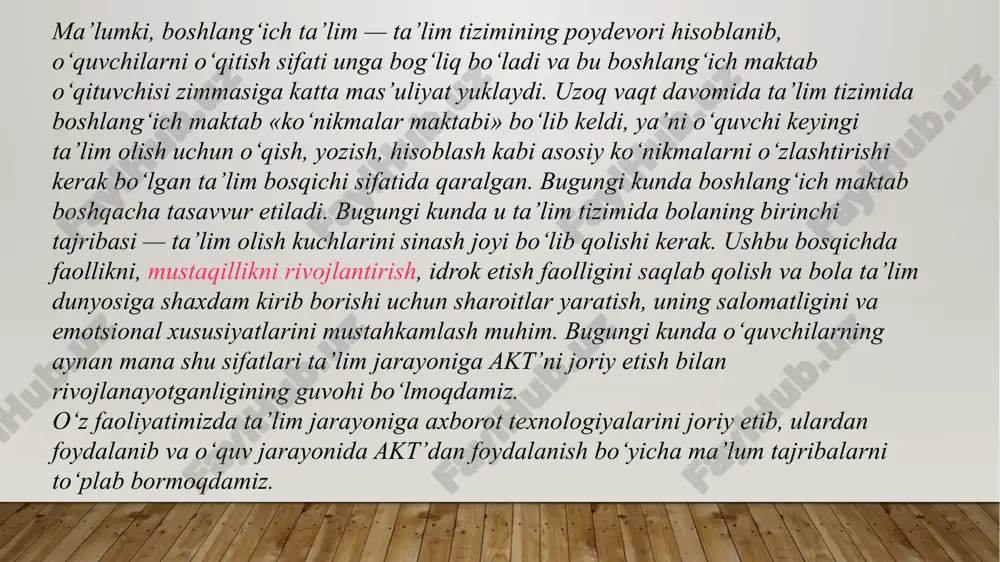 ang‘ich sinflarda harakatlanishga animatsiyali masalalar bilan slayd-filmlarni qo‘llash mumkin. shunday slaydlarni yaratish uchun internetdan olingan animatsion kartinkalardan foydalanish mumkin. barcha o‘quv fanlarida test topshiriqlaridan foydalanish zarur. testlardan dastlab faqat bosma ko‘rinishidagisidan foydalangan bo‘lsak, hozirda ularni kompyuterda terib, har bir o‘quvchi bilan shug‘ullanish mumkin. akt’dan foydalanish yillari davomida 1-sinfdan 3-sinfgacha matematika, badiiy o‘qish, ona tili, deyarli barcha mavzulari va boshqa o‘quv fanlari bo‘yicha qator turli testlarni tayyorlash mumkin. endi darslarda faqat bosma shakldagi emas, balki kompyuterli testlardan foydalanish zarur. ular bajarib bo‘lishi bilan darhol bahosini olishga imkon beradi, bahoni kompyuterning o‘zi taqdim etadi, u yoki bu mavzu bo‘yicha kamchiliklarini aniqlashlariga imkon beradi. «tabiatshunoslik» fani bo‘yicha barcha mavzulari bo‘yicha kompyuter testlarini ishlab chiqish mumkin. masalan: «o‘lkamiz suv havzalari», «ona zamin», «o‘rmon va dalalar — tabiat boyligi», «qishloq xo‘jaligi sohalari», «bizning o‘lka», «yer osti boyliklari», «o‘lkamiz hududiy tuzilishi», «o‘lka chorvachiligi va o‘simliklari» va boshqalar. ona tili bo‘yicha o‘rganiladigan so‘z leksik mazmunini talqin qilishda …