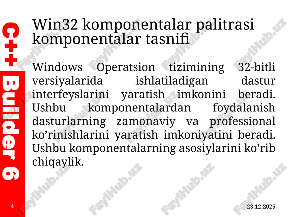 asturlari orasidagi dinamik almashinuv rejimini o'rnatadi. ddeserverltem (dde serverining ma'lumotlar elementi) – dde serverining dinamik muloqot tartibini belgilaydi. 06.11.2025 17 c++ builder 6 06.11.2025 18 e'tiboringiz uchun raxmat! c++ builder 6 image1.png image2.png /docprops/thumbnail.jpeg