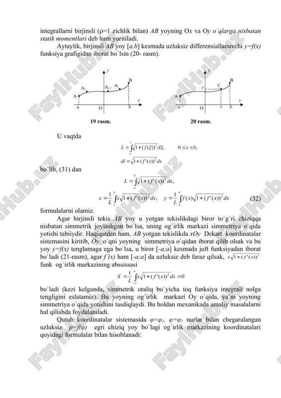 nt(2*x-x^2,x=0..2)=int(2*x-x^2,x=0..2); > s:=int(2*x-x^2,x=0..2); > int((2*x-x^2)^2/2,x=0..2)=int((2*x-x^2)^2/2,x=0..2); > mx:=int((2*x-x^2)^2/2,x=0..2); > my:=int(x*(2*x-x^2),x=0..2)=int(x*(2*x-x^2),x=0..2); > my:=int(x*(2*x-x^2),x=0..2); > my/s; mx/s; 1 41-misol. x2+y2=9 aylana va 4x2+9y2=36 ellips bilan chegaralangan birjinsli shaklning 1-chorakdagi bo`lagining og`irlik markazi topilsin (26- rasmga qarang). masalada ko`rsatilgan shakilning og`irlimk markazi nuqtada. bu misoldan ko`rinadiki, og`irlik markazi bu shaklning simmetriya o`qidadir. > restart;with(plots): > implicitplot([x^2+y^2=9,4*x^2+9*y^2=36], x=0..3, y=0..3, color= [blue,red], thickness=2); 26- rasm > f1:=x->2*sqrt(9-x^2)/3;f2:=x->sqrt(9-x^2); > my:=int(x*(f2(x)-f1(x)),x=0..3); > mx:= int((f2(x)^2-f1(x)^2)/2,x=0..3); > s:=int(f2(x)-f1(x),x=0..3); > xc:=my/s; yc:=mx/s; egri chiziq tenglamalari parametrik ko`rinishda bo`lganda yuqoridagi masalani yechamiz. > x2:=t->3*cos(t);y2:=t->3*sin(t); > x1:=t->3*cos(t);y1:=t->2*sin(t); > s1:=int(x1(t)*diff(y1(t),t),t=0..pi/2); > s2:=int(x2(t)*diff(y2(t),t),t=0..pi/2); > s:=s2-s1; > my:=int((x1(t)*y1(t)*diff(x1(t),t)-x2(t)*y2(t)*diff(x2(t),t)), t=0..pi/2); > mx:=int((y1(t)^2*diff(x1(t),t)-y2(t)^2*diff(x2(t),t))/2, t=0..pi/2); > xc:=my/s; yc:=mx/s; og`irlimk markazi c(1;0.4) nuqtada. bu misoldan ko`rinadiki, og`irlik markazi bu shaklning simmetriya o`qidadir. 25-rasm. 26-rasm. bu umumiy xossa bo`lib, agar birjinsli shakl biror o`qqa nisbatan simmetrik bo`lsa, uning og`irlik markazi shu simmetriya o`qida yotadi. (33) formulalarning ikkinchisini ko`rinishga keltirish qiyin emas. bundan ko`rinadiki, tenglikning o`ng tomoni (x([a;b] 0( f1(x)(f2(x) faraz asosida …
