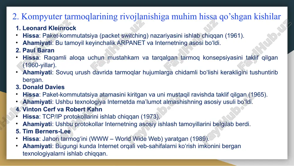 inlash. tarmoq xavfsizligini himoya qilish (firewall, nat). 4. kompyuter tarmoqlarining asosiy qurilmalari 4. kommutator (switch) mahalliy tarmoq (lan) ichida kompyuterlar va boshqa qurilmalar o‘rtasida ma’lumot almashinuvini boshqaradi. funktsiyalari: qurilmalar o‘rtasida tezkor ulanish ta’minlash. ma’lumotlarni faqat kerakli manzilga yo‘naltirish. tarmoq ishlash samaradorligini oshirish. 4. kompyuter tarmoqlarining asosiy qurilmalari 5. tarmoq adapteri (network interface card – nic) kompyuterlarni tarmoqqa ulash uchun ishlatiladi. turlari: simli (ethernet) adapter – tarmoqqa kabel orqali ulanadi. simsiz (wi-fi) adapter – wi-fi orqali tarmoqqa ulanadi. 4. kompyuter tarmoqlarining asosiy qurilmalari 6. modem internetga ulanish uchun ishlatiladi, asosan isp (internet service provider) bilan bog‘lanish uchun mo‘ljallangan. turlari: dsl modem – telefon liniyasi orqali ishlaydi. kabel modem – televizion kabel orqali internetga ulanadi. mobil modem – sim-karta orqali 4g/5g tarmoqlaridan foydalanadi. 4. kompyuter tarmoqlarining asosiy qurilmalari 7. tarmoq xavfsizlik qurilmalari firewall (tarmoq devori) – zararli hujumlardan himoya qiladi va ruxsat etilgan trafikni boshqaradi. vpn (virtual private network) qurilmalari – shifrlangan …