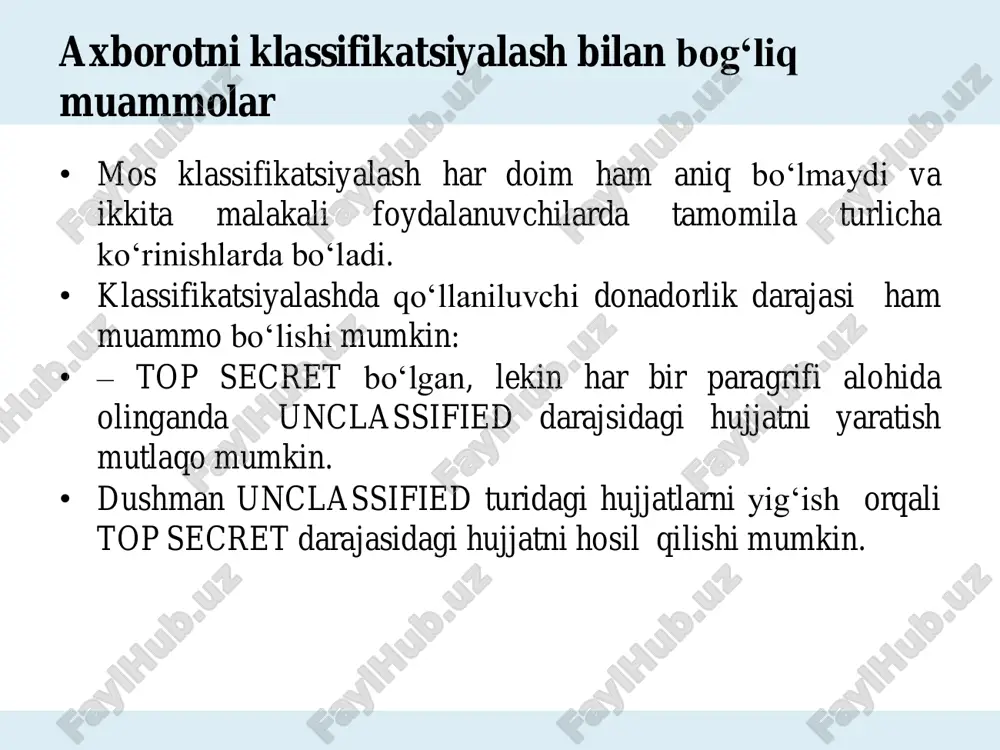 k darajasini qo'shish va subyektlar va turli darajadagi ob'ektlar o'rtasidagi aloqani taqiqlash orqali amalga oshirildi. blp modeli konfidentsiallik bilan shug’ullangan bo‘lsa, biba modeli butunlik bilan shug’ullanadi. agar biz o1 obyektning butunligiga ishonsak, biroq o2 obyektning butunligiga ishonmasak, u holda o ikkita o1 va o2 obyektlardan yaratilgan bo‘lsa, u holda obyekt o ning butunligiga ishonmaydi -boshqa so‘z bilan aytganda obyekt o ning butunligi uni tashkil etgan ixtiyoriy obyektning minimal butunlik darajasidan iborat. biba modeli izohlash uchun , i(o) orqali o obyektning butunligi izohlansa, i(o) orqali s subyektning butunligi izohlanadi. biba modeli • u holda biba modeli quyidagi formuladan iborat: -yozish huquqli qoida: faqat i(o) <= i(s) shart bajarilsa, subyekt s obyekt o ga yoza oladi. -biba modeli: faqat i(s)<= i(o) shart bajarilsa, subyekt s obyekt o ni o‘qiy oladi. • biba modelida biz s o‘qigan eng past butunlik obyektidan boshqa s ga ishonmasligimiz mumkin emas. • s subyekt kichik butunligi past …