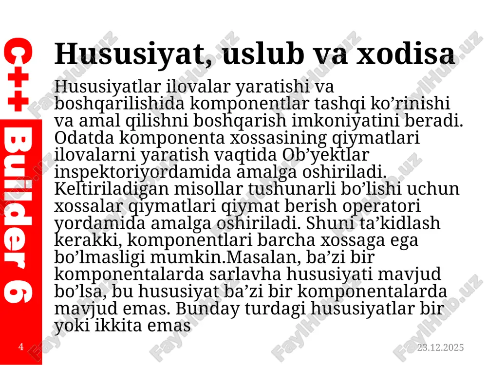 siyat rostga o’rnatilgan bo’lsa, u faollashadi. agar noto'g'ri bo'lsa, ushbu xususiyat bloklanadi. ob'yekt nazoratchisi yordamida dasturni yaratishda har qanday komponentning xususiyatlari o’zgarishi mumkin. barcha ob’yektlarning xususiyatlari nafaqat dizayn bosqichida, balki dasturning ishlash vaqtida ham mavjud. ularning qadriyatlari ijro kodi davomida, dastur kodida ham o’zgartirish mumkin. 06.11.2025 13 c++ builder 6 hususiyat, uslub va xodisa c++ builder ishlab chiqish muhiti dastur yozish paytida komponent uslublarini ishlatishga imkon beradi. ko’rib chiqilgan dasturlarda ulardan ba'zilari foydalanilgan, masalan: loadfromfile, savetofile va boshqalar. uslublar har qanday foydalanuvchi harakatlarining natijasi sifatida chaqirilmaydi, ammo dastur yozib olingan qatorga yetganda amalga oshiriladi. aslida uslublar funksiyalar yoki dasturlar hisoblanadi. xususiyatlar va hodisalar kabi turli xil komponentlarga ham xuddi shunday uslublar qo’llanilishi mumkin. 06.11.2025 14 c++ builder 6 hususiyat, uslub va xodisa uslublar vazifasi add ro'yxatga yangi element qo’shish assign bir grafik obyektning tasvirini boshqasiga ko’chirish classname class nomini qaytaradi clear ro'yxatni yoki matnni tozalaydi copyrect rasmning bir qismini nusxalarini …