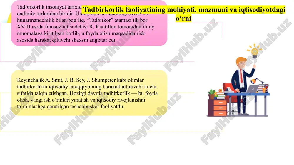 xizmat ko‘rsatish yoki hunarmandchilik sohalarida amalga oshiriladi. yakka tartibdagi tadbirkor uchun ro‘yxatdan o‘tish tartibi soddaligi, soliqqa tortish tizimi yengilligi va boshqaruv qulayligi bilan ajralib turadi. bu shakl ko‘plab fuqarolarning o‘z biznesini boshlashiga imkon yaratadi. tadbirkorlik faoliyatining asosiy shakllari va ularni tashkil etish tartibi 2. oilaviy tadbirkorlikning iqtisodiyotdagi o‘rni va afzalliklari oilaviy tadbirkorlik — bu bir oilaga mansub shaxslar tomonidan umumiy mulkka asoslangan holda amalga oshiriladigan iqtisodiy faoliyat shaklidir. bu turdagi tadbirkorlikning afzalligi shundaki, ishonch, o‘zaro mas’uliyat va birgalikda boshqaruv tizimi samaradorlikni oshiradi. oilaviy tadbirkorlik, ayniqsa, qishloq xo‘jaligi, tikuvchilik, xizmat ko‘rsatish va oziq-ovqat ishlab chiqarish sohalarida keng tarqalgan. u aholining bandligini ta’minlash, daromadlarni oshirish va oilaviy barqarorlikni kuchaytirishga xizmat qiladi. shuningdek, oilaviy tadbirkorlik milliy an’analarni saqlash, hunarmandchilikni rivojlantirish va avlodlar davomiyligini ta’minlashda muhim ahamiyatga ega. sheriklik (kooperativ) va jamoaviy tadbirkorlikning tashkiliy tuzilmasi sheriklik yoki kooperativ shaklidagi tadbirkorlik — bu bir nechta shaxslarning o‘z mablag‘lari va mehnatini birlashtirgan holda umumiy foyda olish …